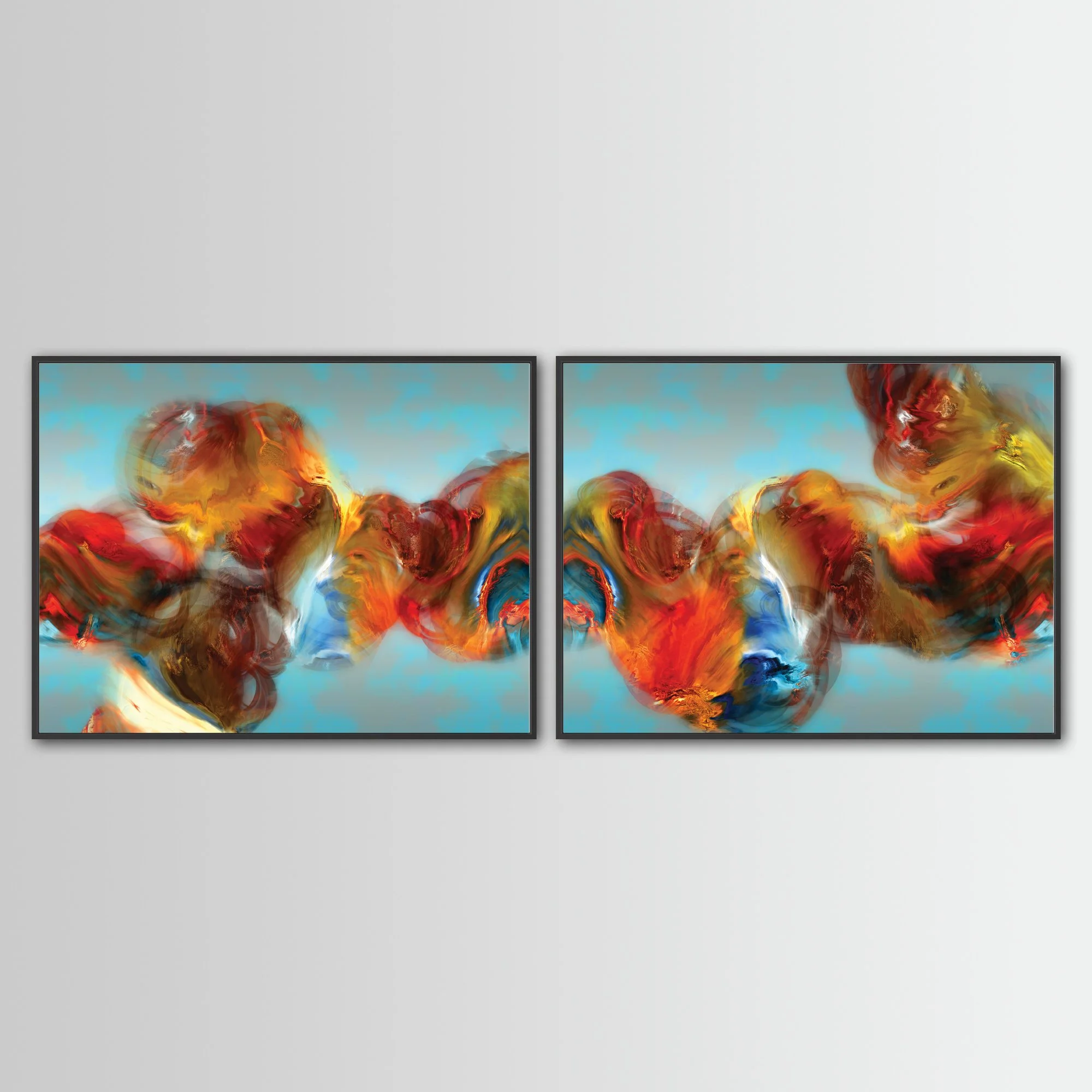 Abstract diptych with textured, cloud-like fluid shapes in red, orange, and golden ocher against a cerulean sky blue background, framed and ready to hang. With black frame