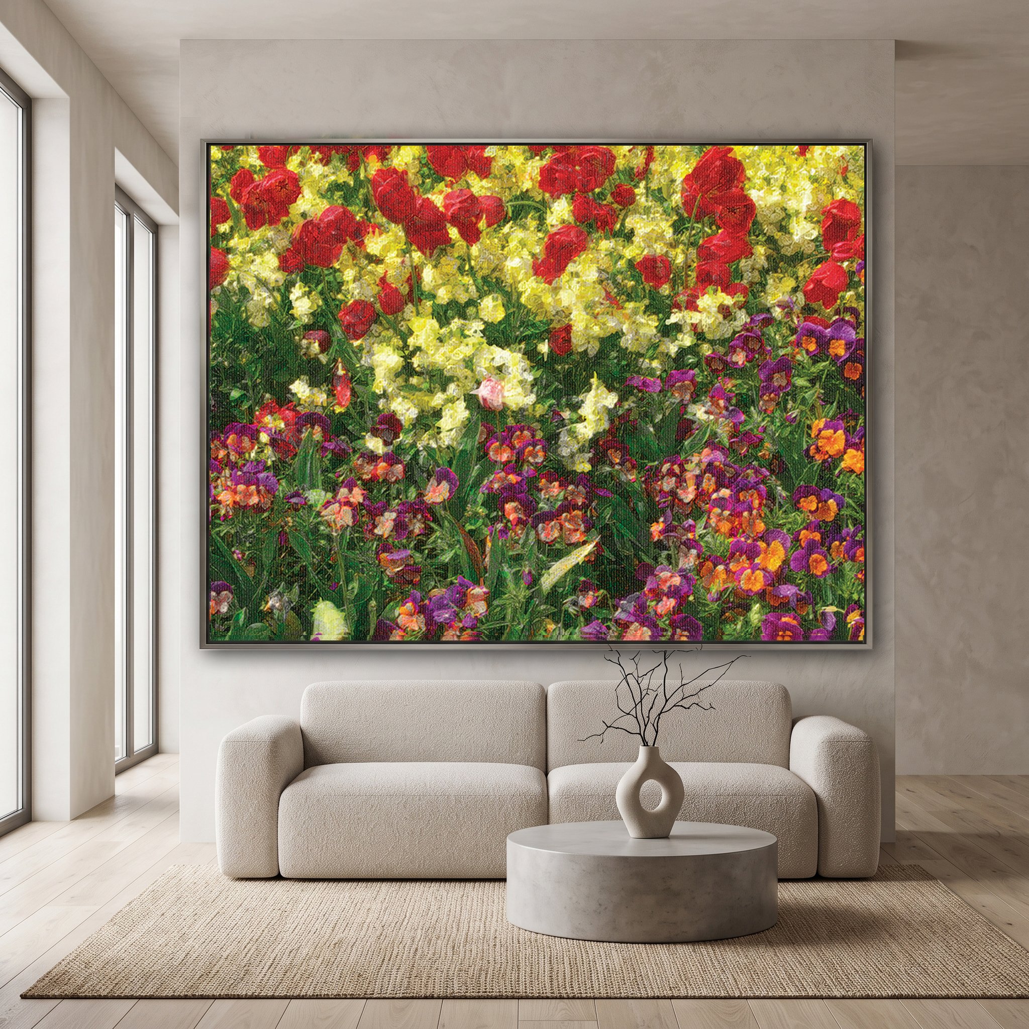 Large canvas art with a vibrant red, yellow, and purple floral design hanging above a beige sofa in a modern minimalist living room with a concrete coffee table.