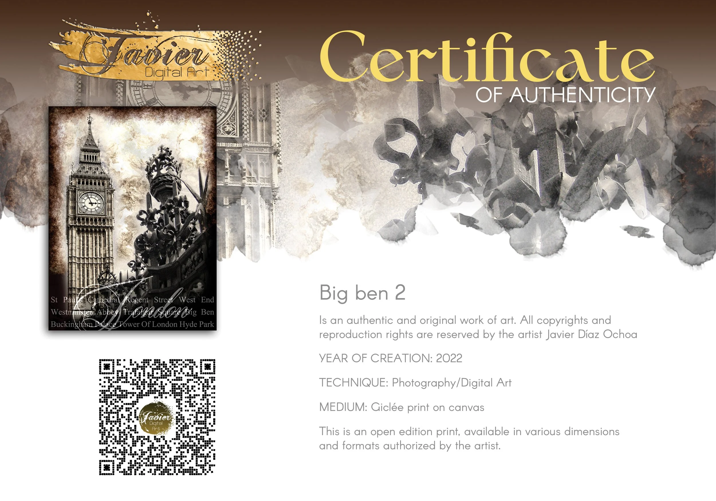 Vintage art of London featuring the Big Ben clock tower and a royal crown gate ornament in dramatic sepia tones with typography of landmarks, framed and ready to hang. Certificate of Authenticity