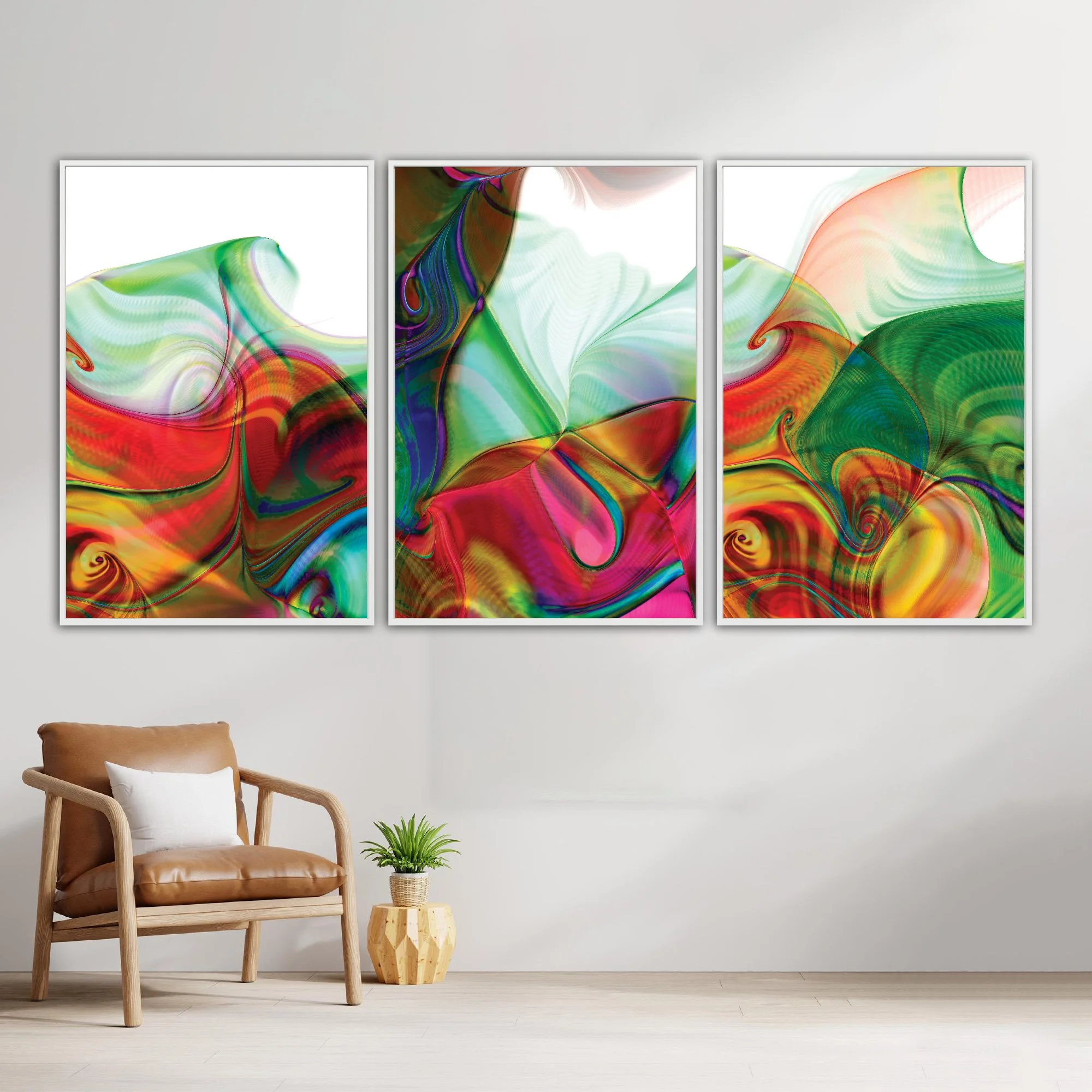Abstract triptych with swirling fluid shapes and line patterns in vibrant crimson red, magenta, and emerald green over white background, framed and ready to hang. With chair