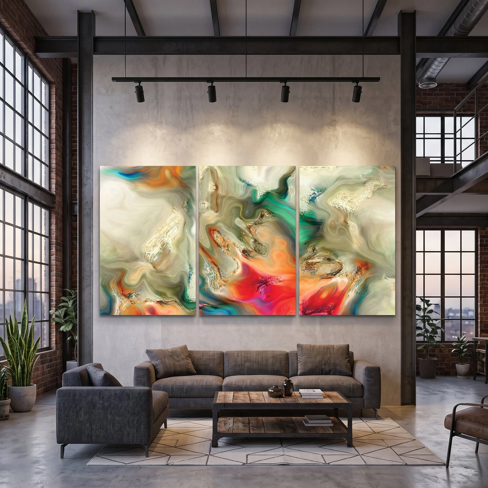 Colorful abstract art triptych on a concrete wall inside an industrial loft featuring brick walls, metal beams, and a rustic wooden coffee table.