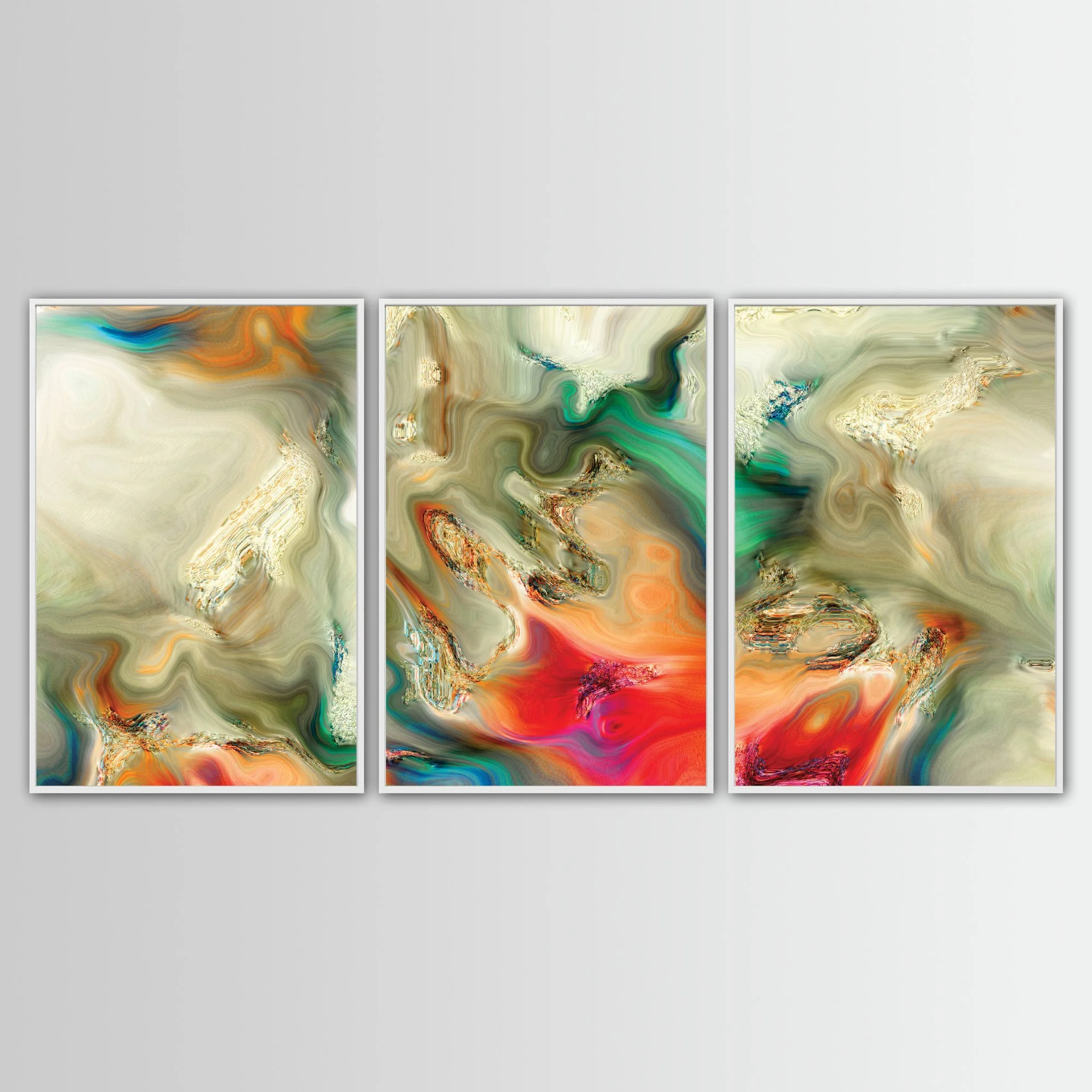 Abstract fine art triptych with liquid textures in earth tones, cream, and sage green, red and orange with metallic accents, framed and ready to hang. With white frame