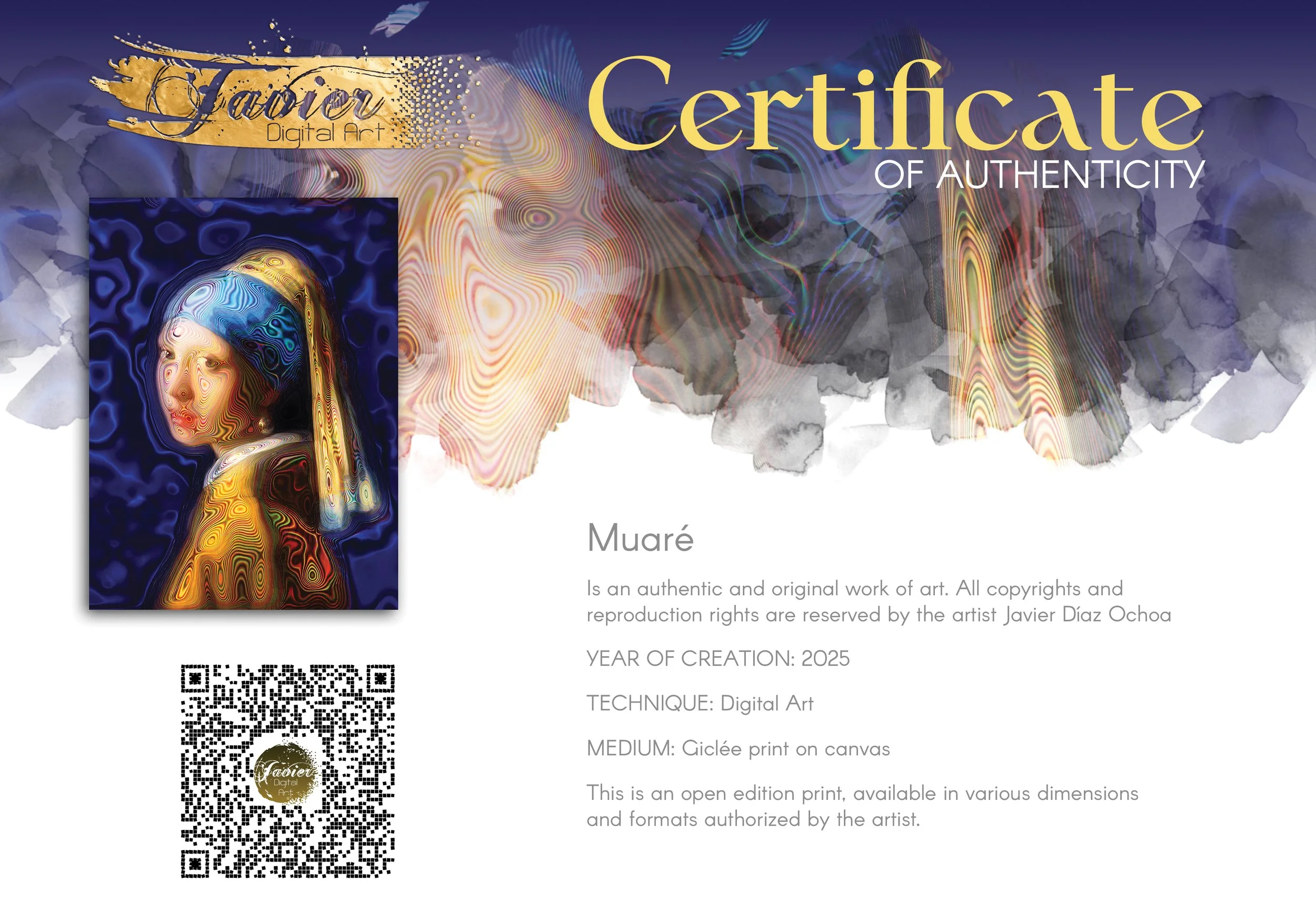 Contemporary fine art print of a psychedelic reinterpretation of Vermeer's Girl with a Pearl Earring, with vibrant blue and gold patterns, framed and ready to hang. Certificate of Authenticity