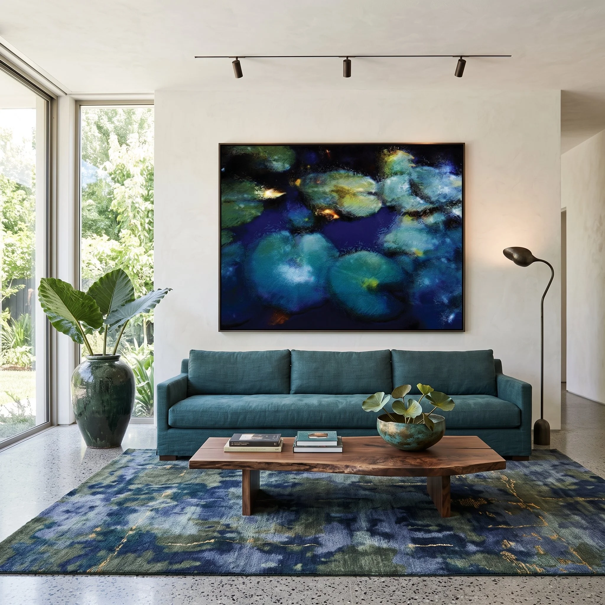 Large canvas art with a blue and green water lily above a teal sofa in a modern living room, a wooden coffee table, a patterned area rug, a large potted plant, and track lighting.