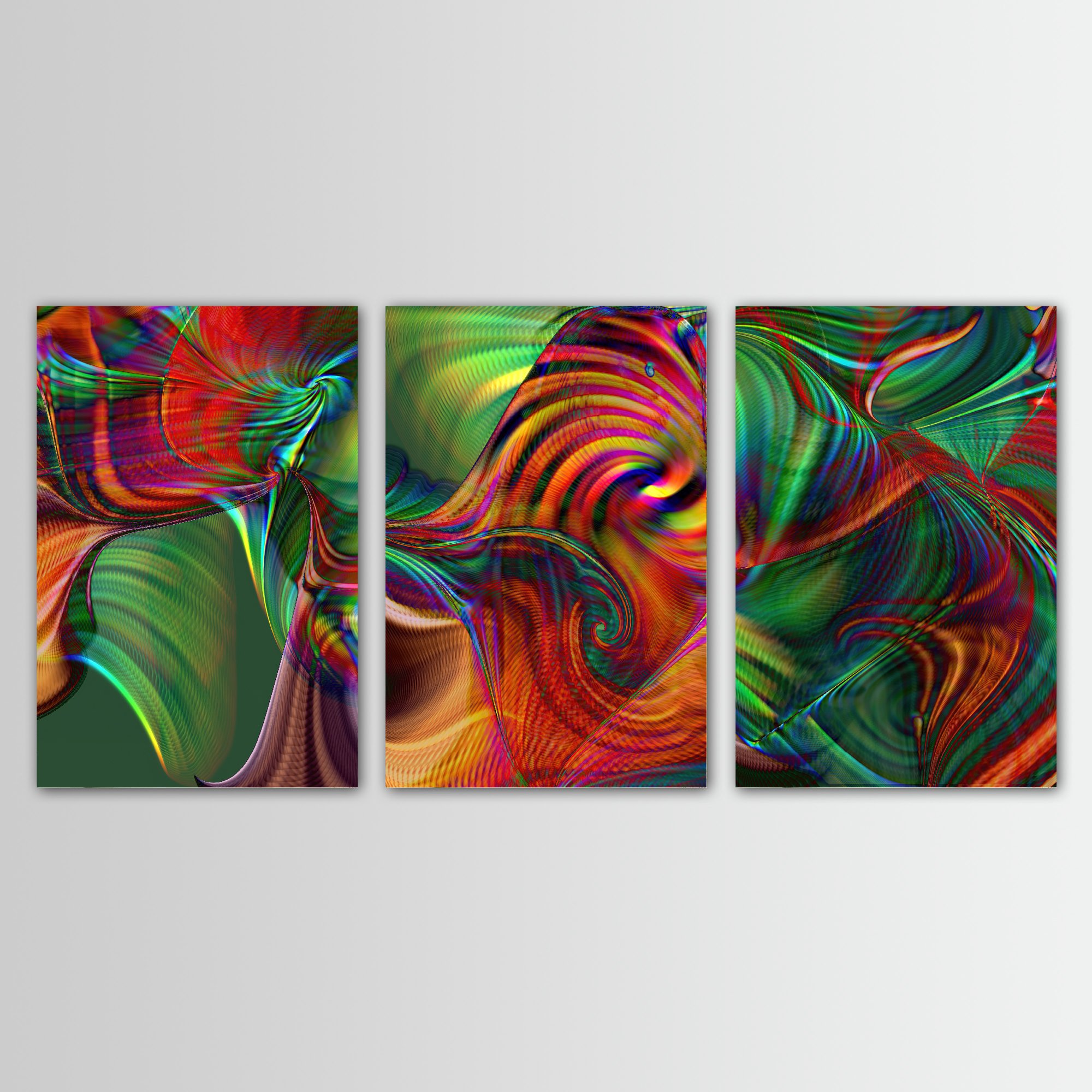 Abstract fine art triptych with swirling psychedelic spiral and fine wave lines in rainbow colors over a deep green background, framed and ready to hang.