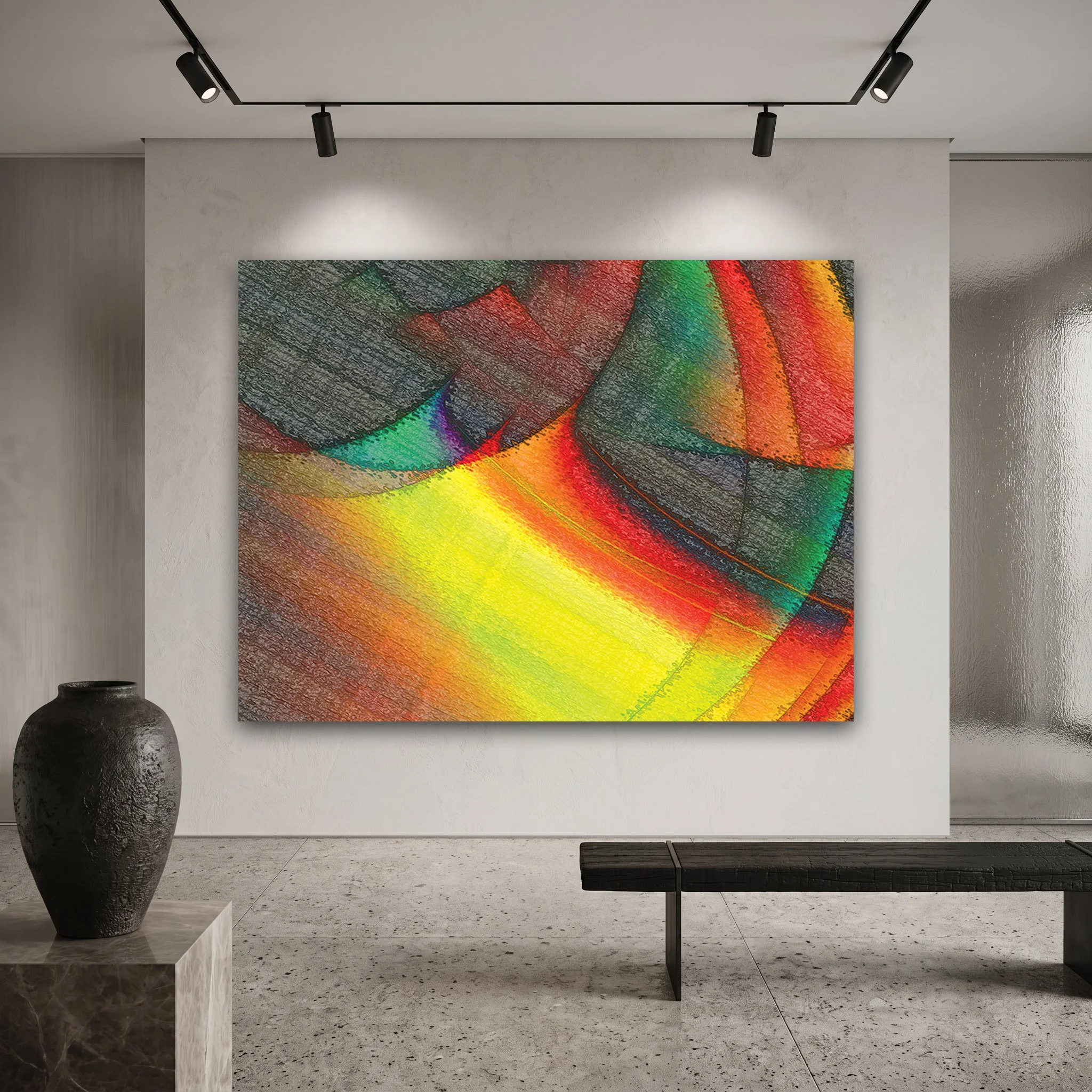 Vibrant abstract art displayed in a Brutalist-style gallery with terrazzo floors, a black wooden bench, and a rustic vase.