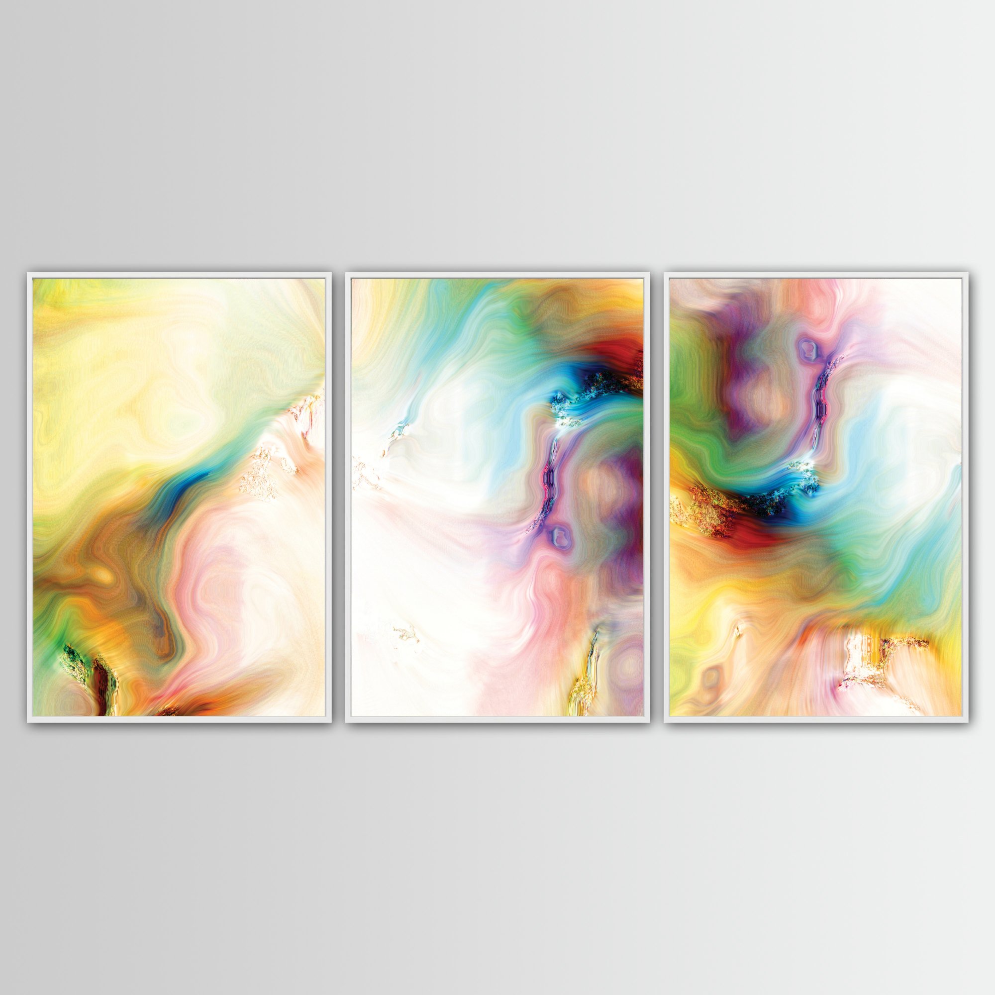 Abstract fine art triptych with textures and swirls in  yellow, green, turquoise, and pink with gold accents on a white background, framed and ready to hang. With white frame