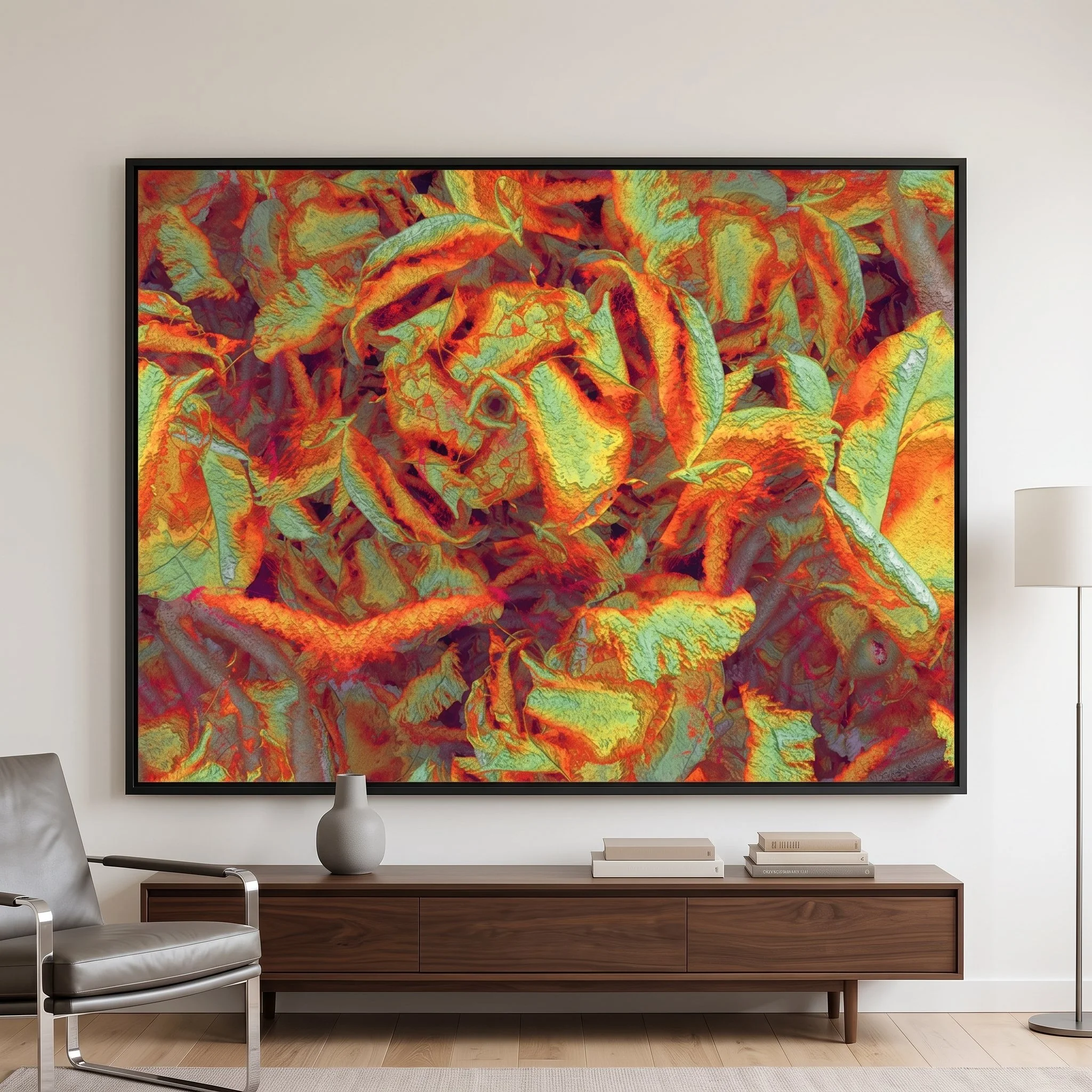 Large abstract painting in shades of orange and green with a black frame, hanging above a wooden credenza in a minimalist living room featuring a grey leather armchair and a floor lamp.