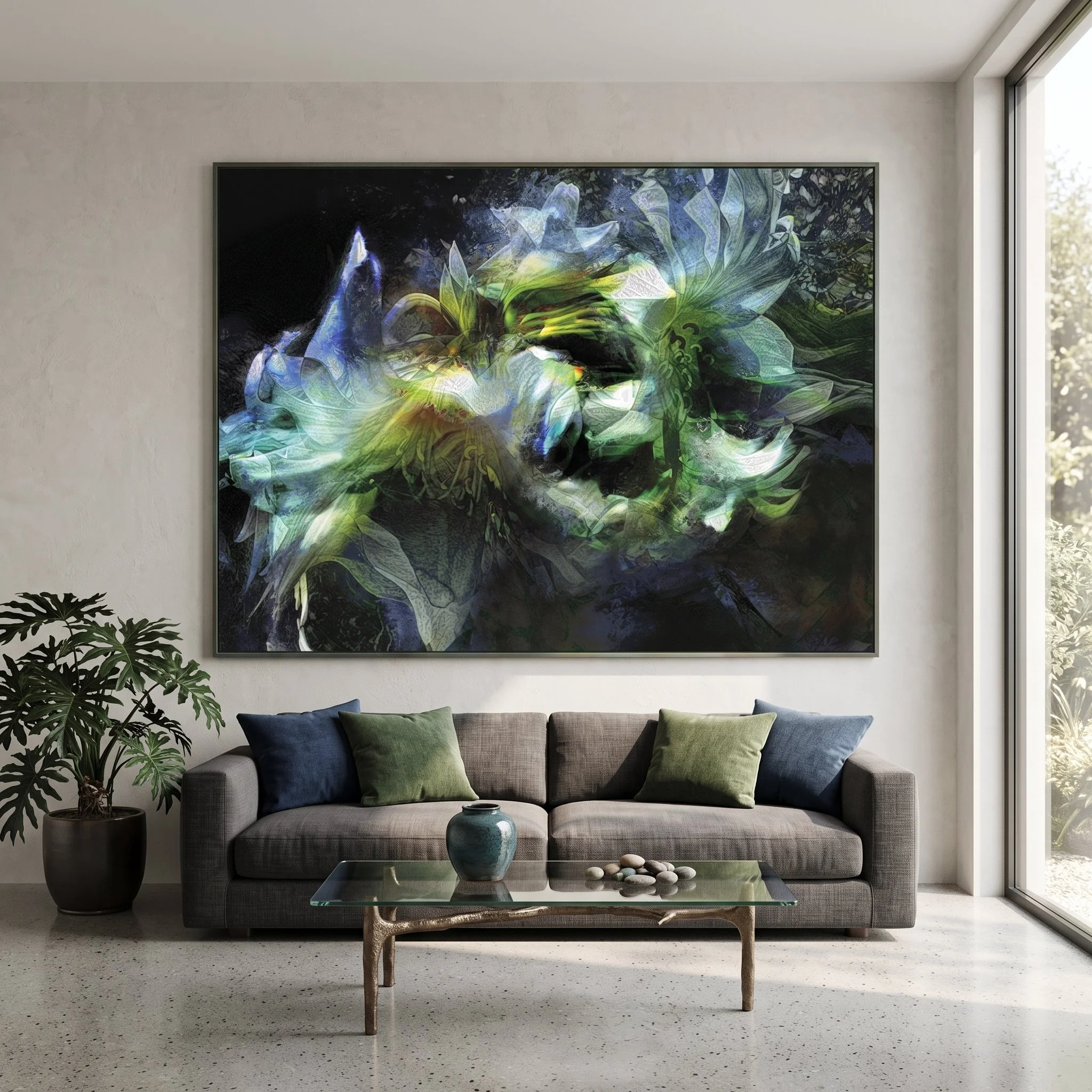 Modern living room interior mockup featuring a large framed abstract painting with green, blue, and yellow botanical textures hanging above a dark grey sofa with matching pillows.