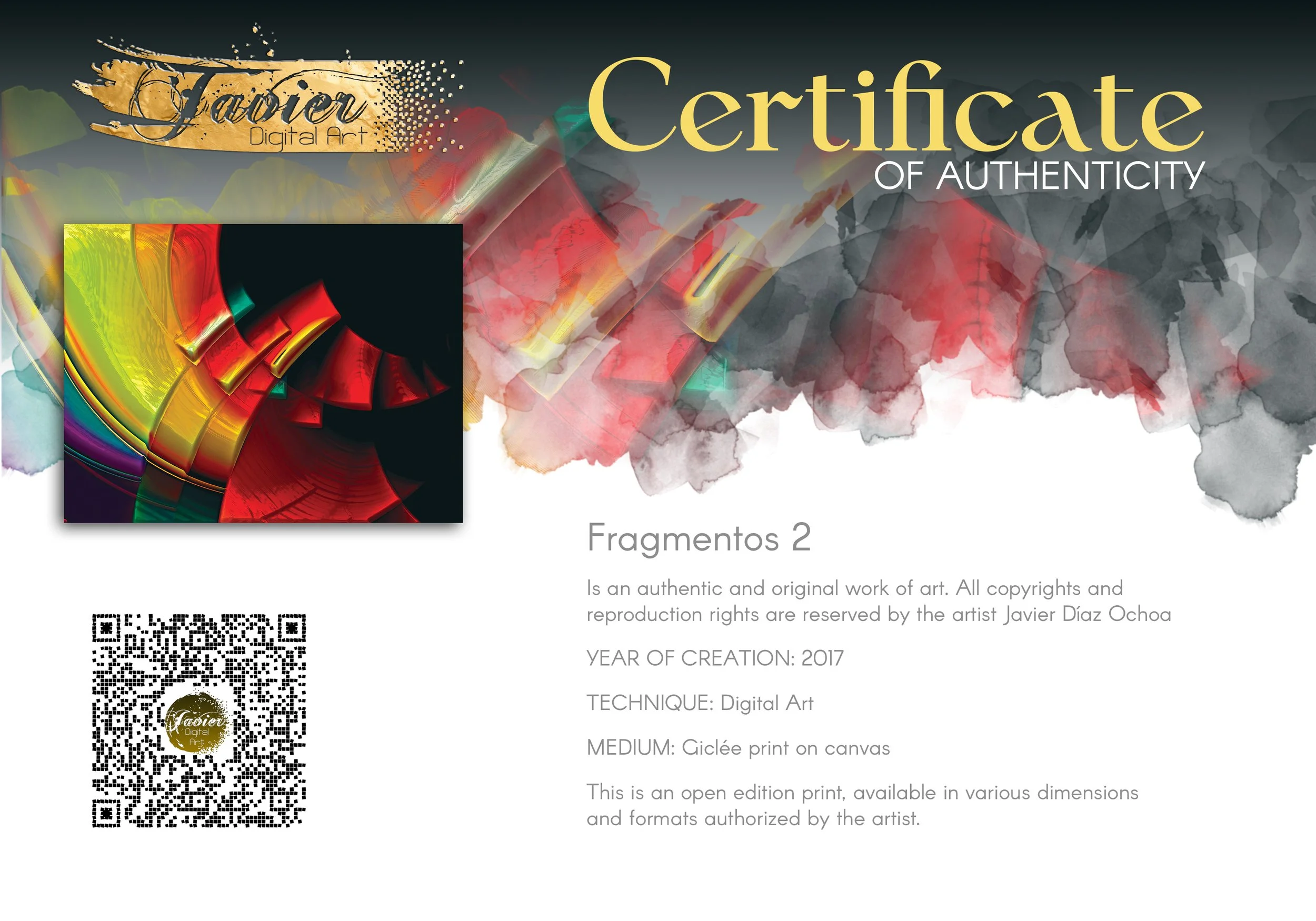 Vibrant art three-dimensional curves in bold red, yellow, green, and purple tones against a dark black background, framed and ready to hang. Certificate of Authenticity