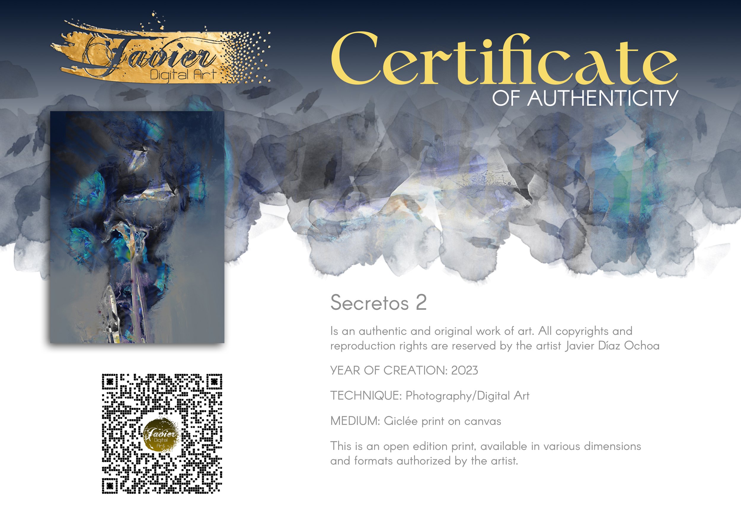 Abstract art print showcasing ethereal translucent flowers in deep navy blue, teal, and glowing turquoise tones over a smoky gray background, framed and ready to hang. Certificate of Authenticity
