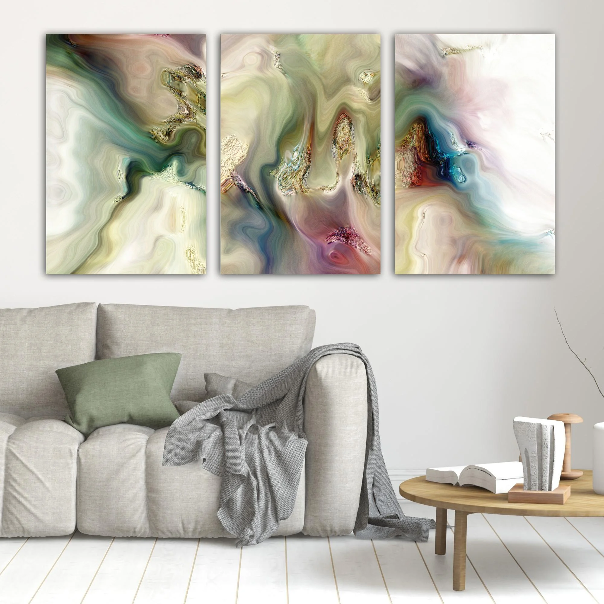 Abstract fine art triptych with marble textures and swirls in sage green, cream, and ocher tones with turquoise and violet highlights, framed and ready to hang. In living room