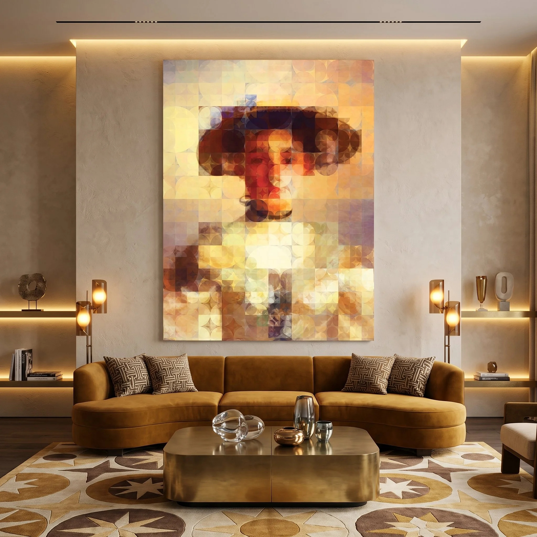 Large canvas art featuring a pixelated geometric classic portrait hanging on a plaster wall in a modern living room, with a yellow-gold curved sofa and a brass block coffee table.