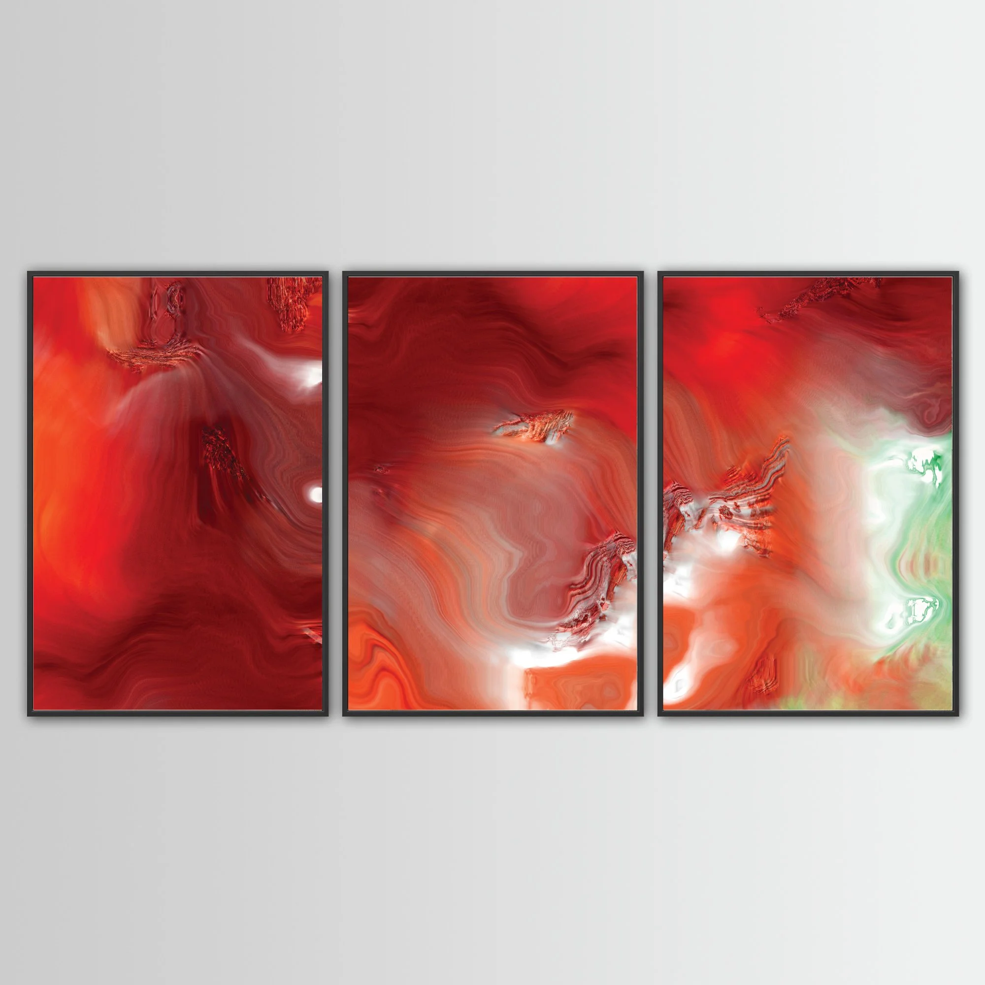 Abstract fine art triptych with dense, flowing liquid marble textures in vibrant crimson red, burgundy, and coral orange, white highlights and light green, framed and ready to hang. With black frame
