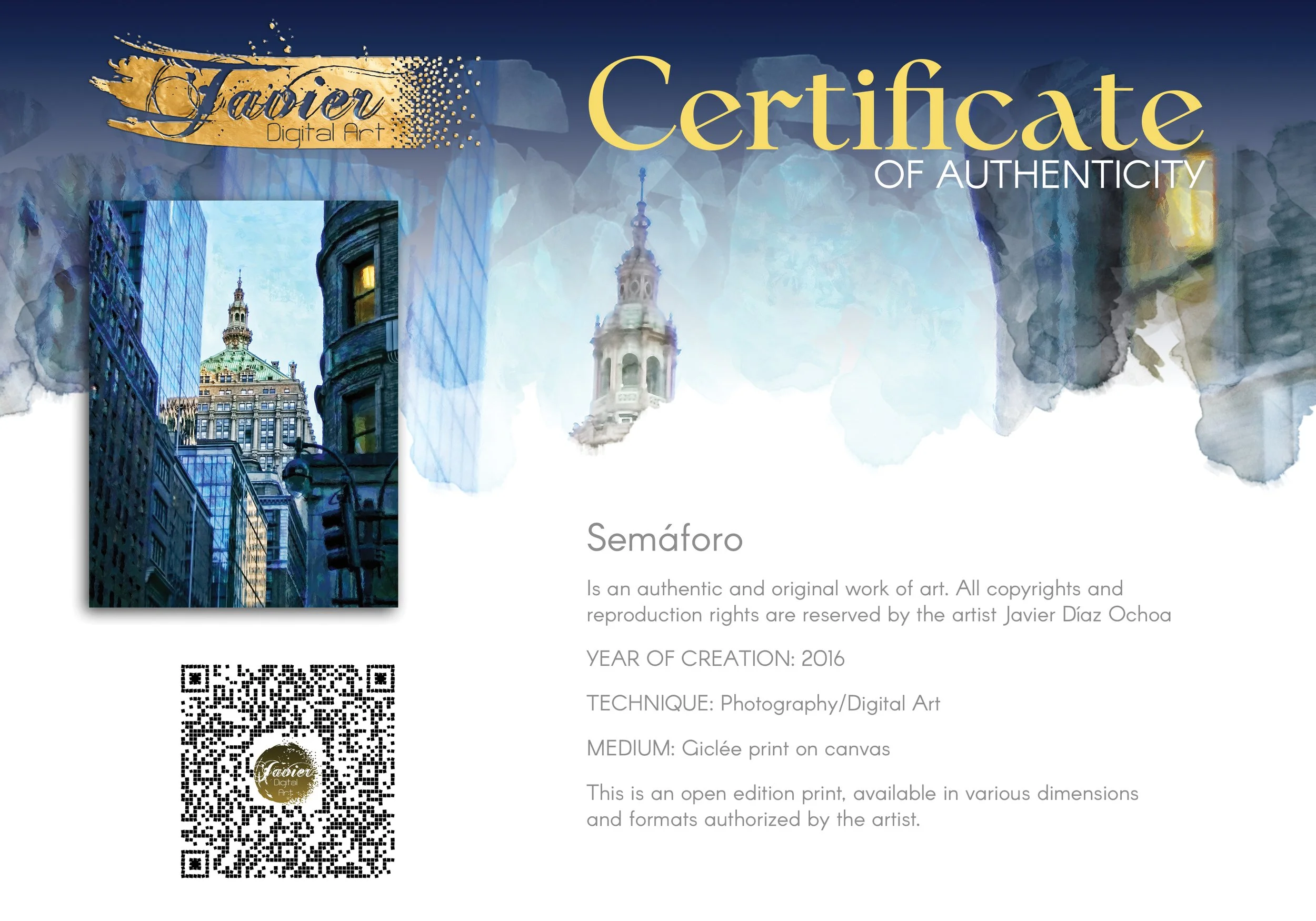 Impressionist art print of a Manhattan street perspective, with an historic building dome framed by modern blue glass skyscrapers, framed and ready to hang. Certificate of Authenticity