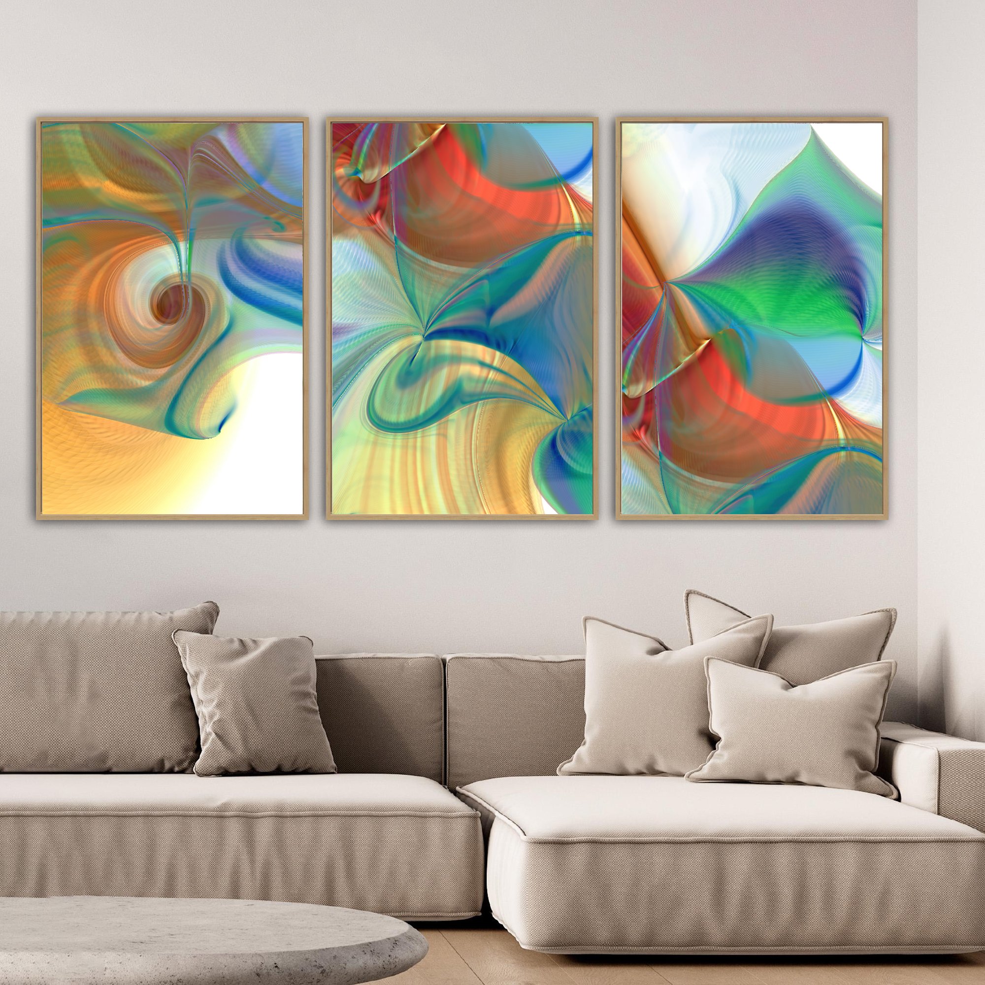 Abstract triptych with swirling fluid structures, intricate line patterns, and a palette of red, orange, teal, and green over a white background, framed and ready to hang. Over grey couch