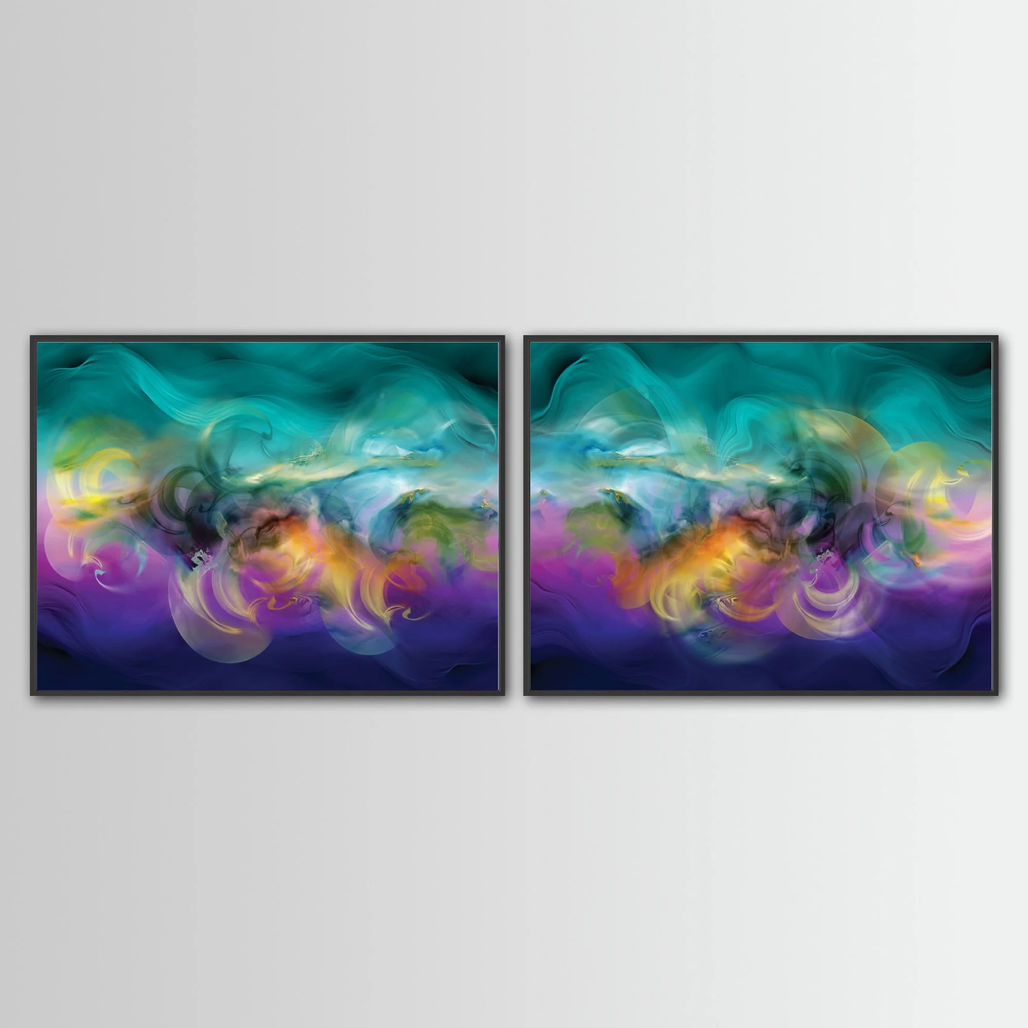 Abstract diptych with swirling fluid shapes and wave textures in teal, violet, and indigo blue, with glowing yellow and ocher center, framed and ready to hang. With black frame