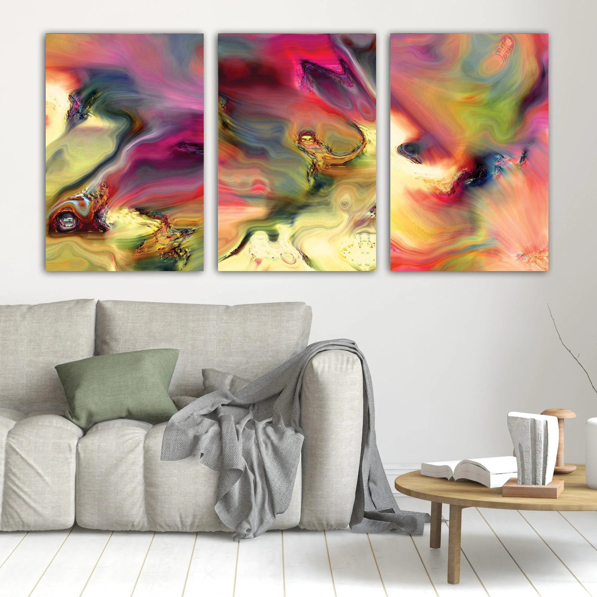 Abstract fine art triptych with swirling psychedelic liquid marble textures in vibrant magenta, ocher yellow, and wine red tones over a warm background, framed and ready to hang. In living room