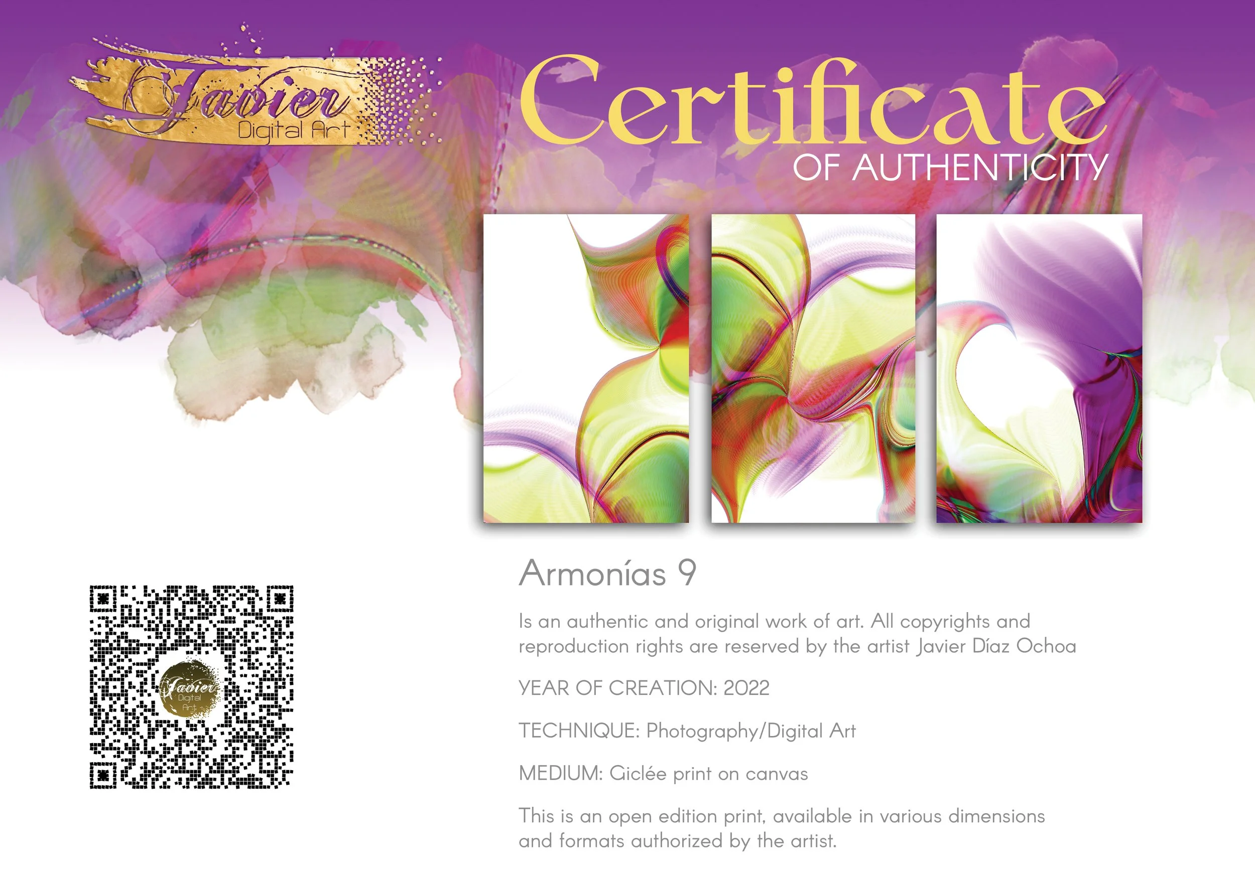 Abstract fine art triptych with, wave patterns and fine line structures in violet, lavender, and lime green over a white background, framed and ready to hang. Certificate of Authenticity