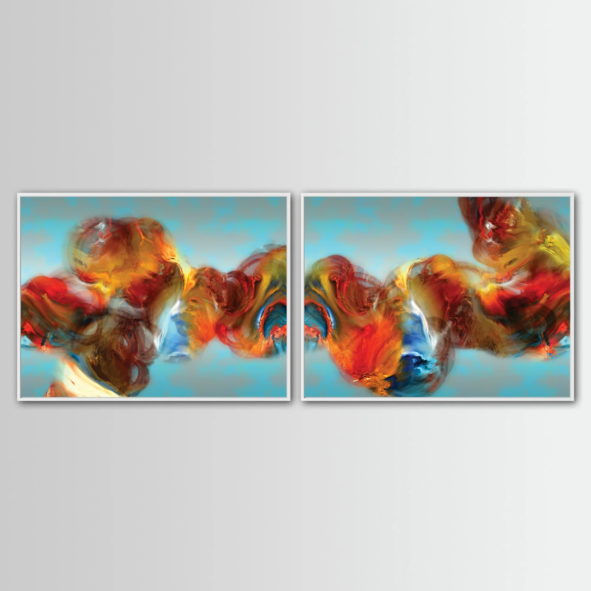 Abstract diptych with textured, cloud-like fluid shapes in red, orange, and golden ocher against a cerulean sky blue background, framed and ready to hang. With white frame