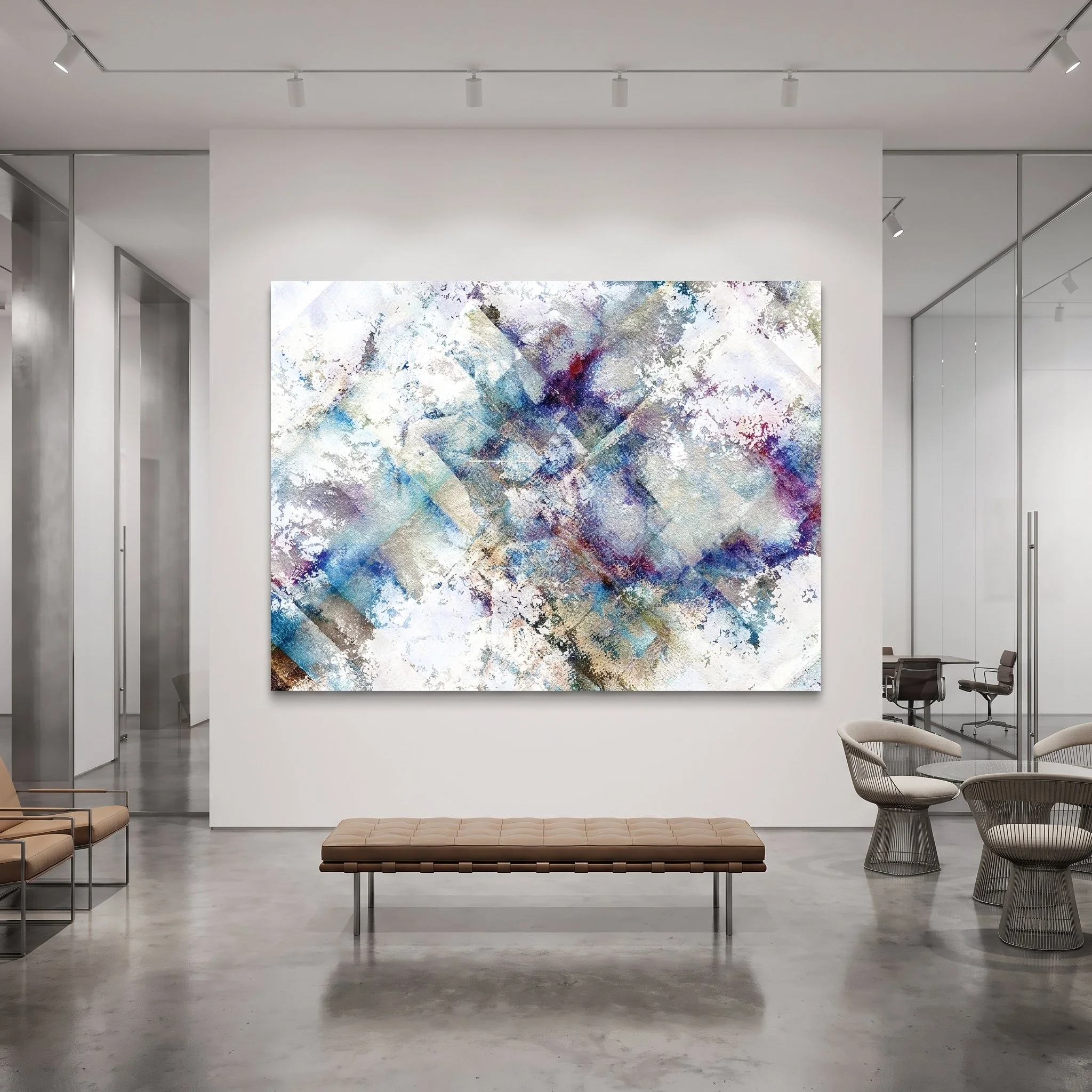 Large, textured abstract painting in shades of blue, displayed in a corporate design office featuring glass panels, polished concrete flooring, and a beige leather bench.