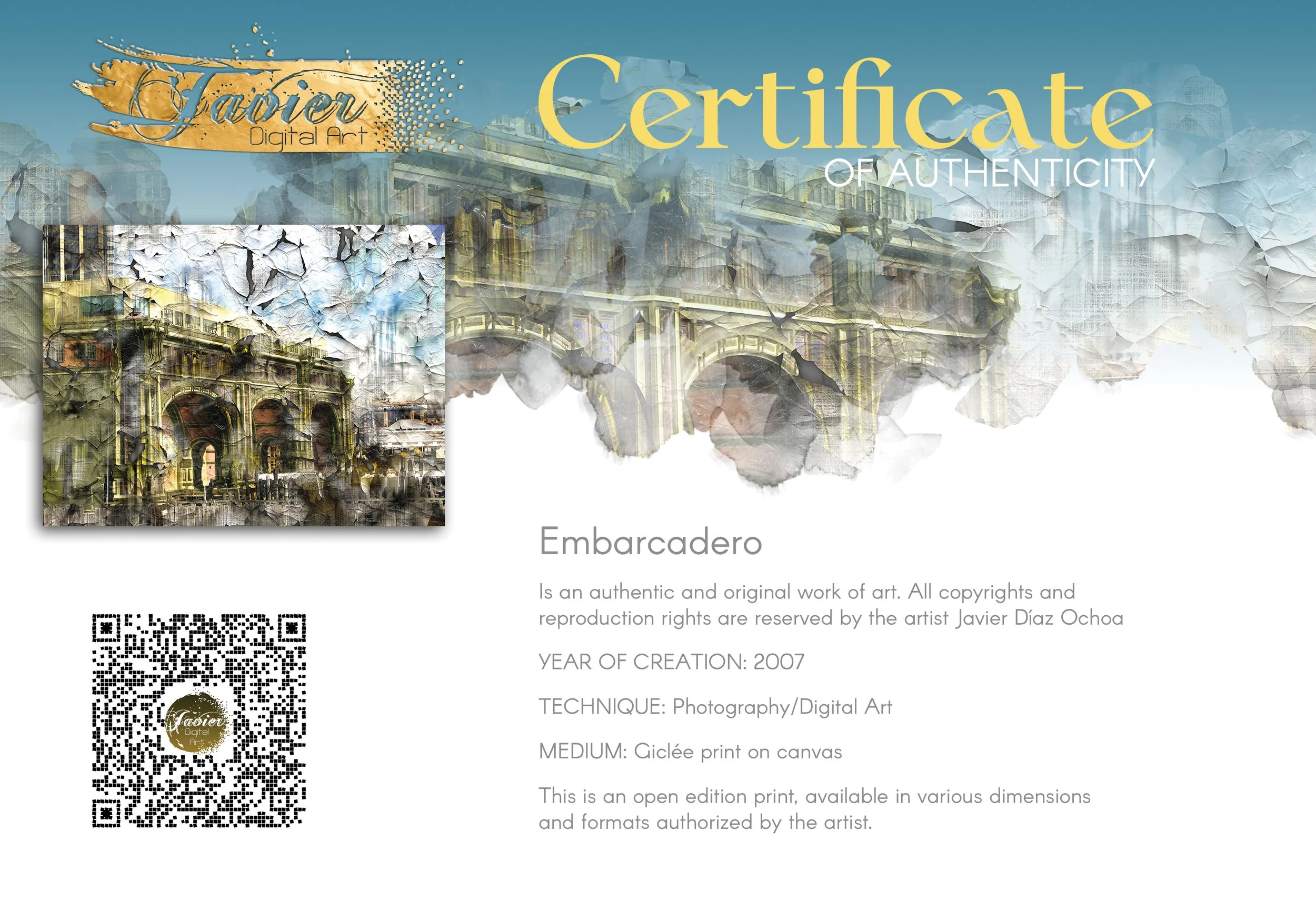 Abstract fine art print showcasing classical building arches with heavy cracked and distressed paint textures in gold, grey, and soft blue tones, framed and ready to hang. Certificate of Authenticity