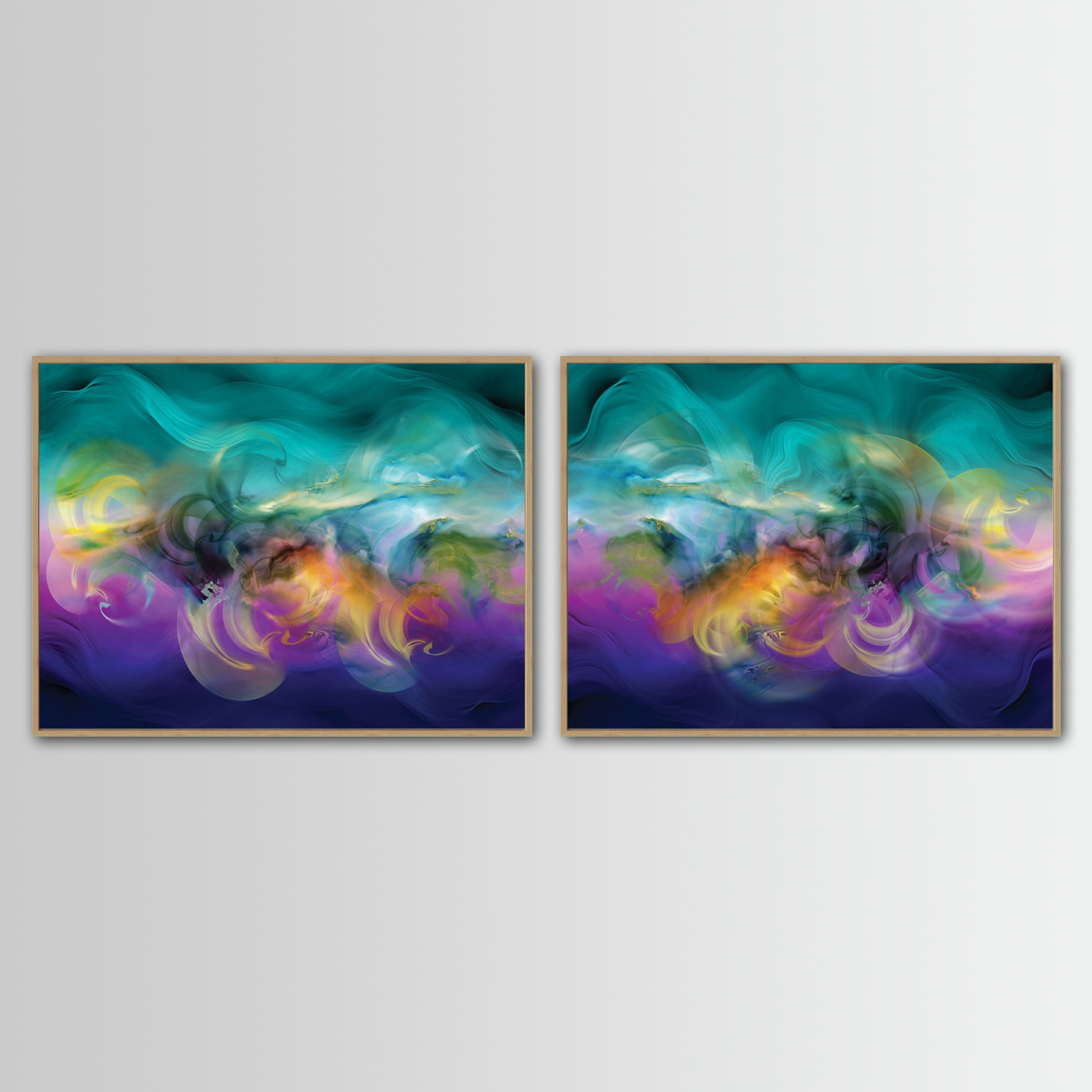 Abstract diptych with swirling fluid shapes and wave textures in teal, violet, and indigo blue, with glowing yellow and ocher center, framed and ready to hang. With wooden frame