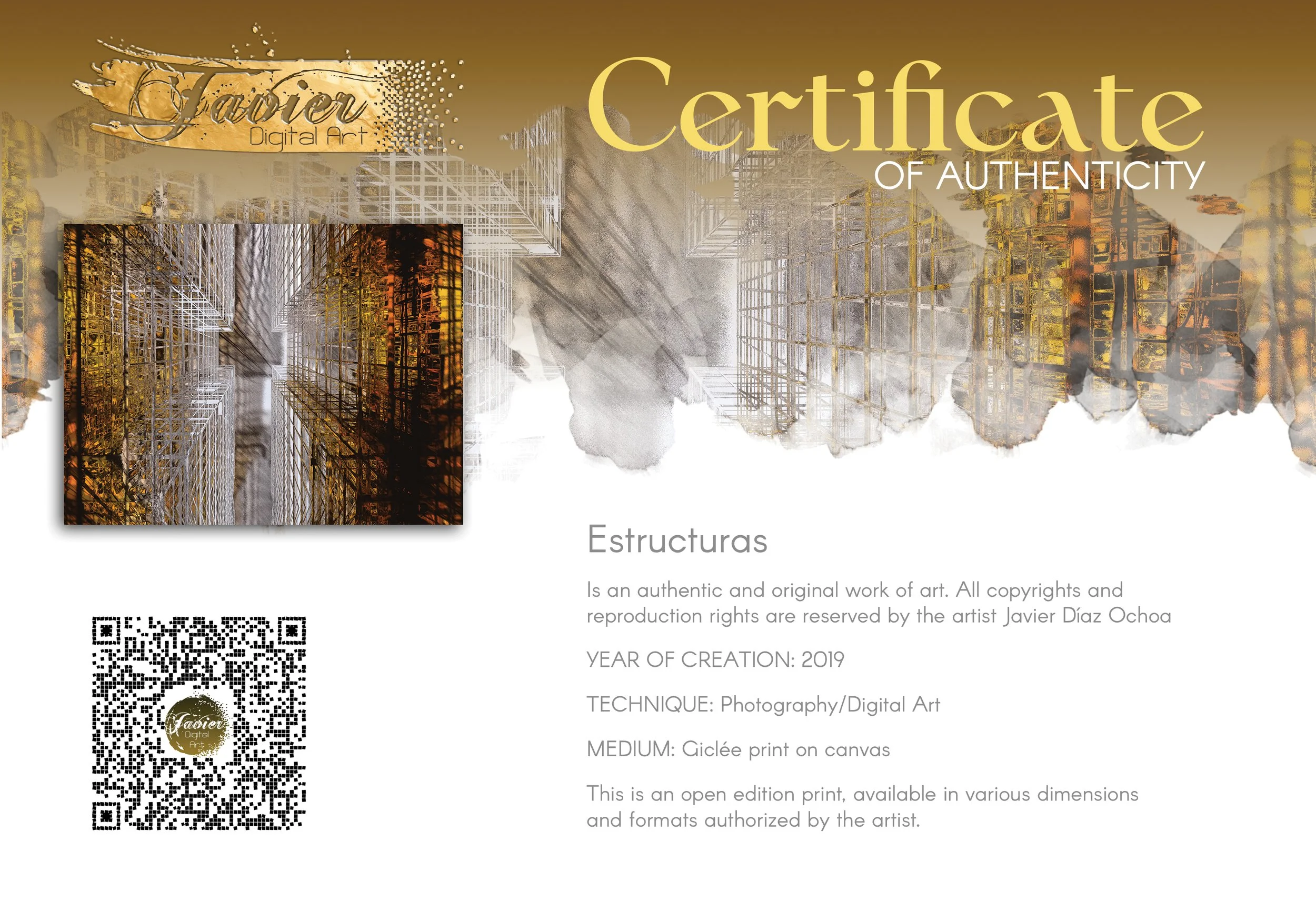 Abstract fine art print showing a dramatic top-down perspective of intricate geometric grid structures in industrial gold and silver tones, framed and ready to hang. Certificate of Authenticity