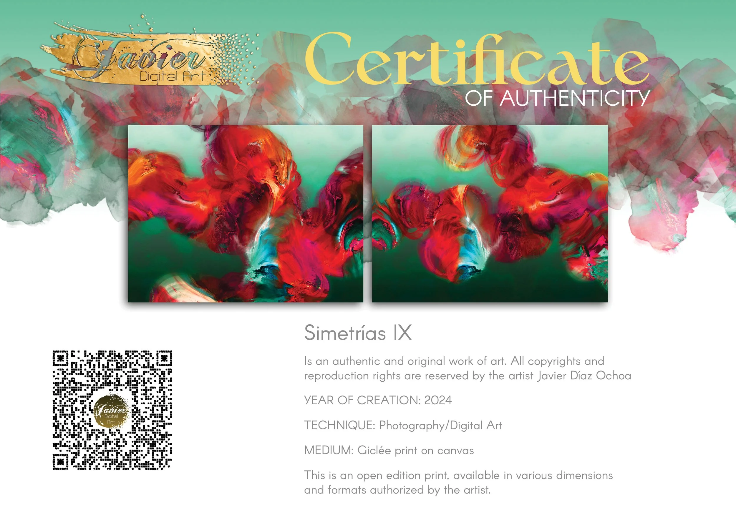 Abstract diptych with textured, cloud-like fluid shapes in fiery red, magenta, and bright ocher against a deep emerald green and teal background, framed and ready to hang. Certificate of Authenticity