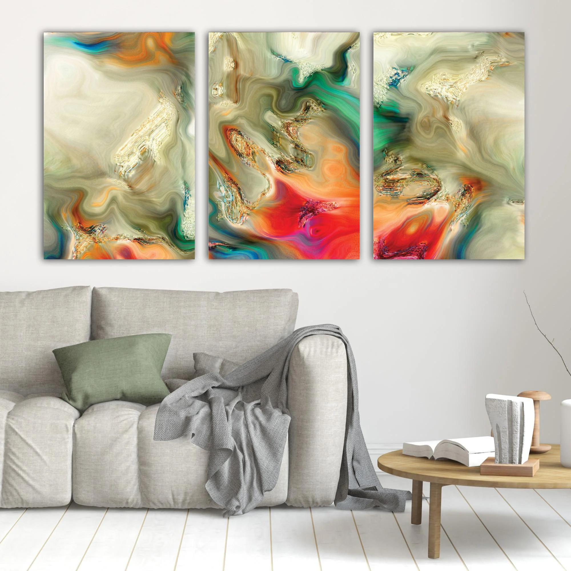 Abstract fine art triptych with liquid textures in earth tones, cream, and sage green, red and orange with metallic accents, framed and ready to hang. In living room