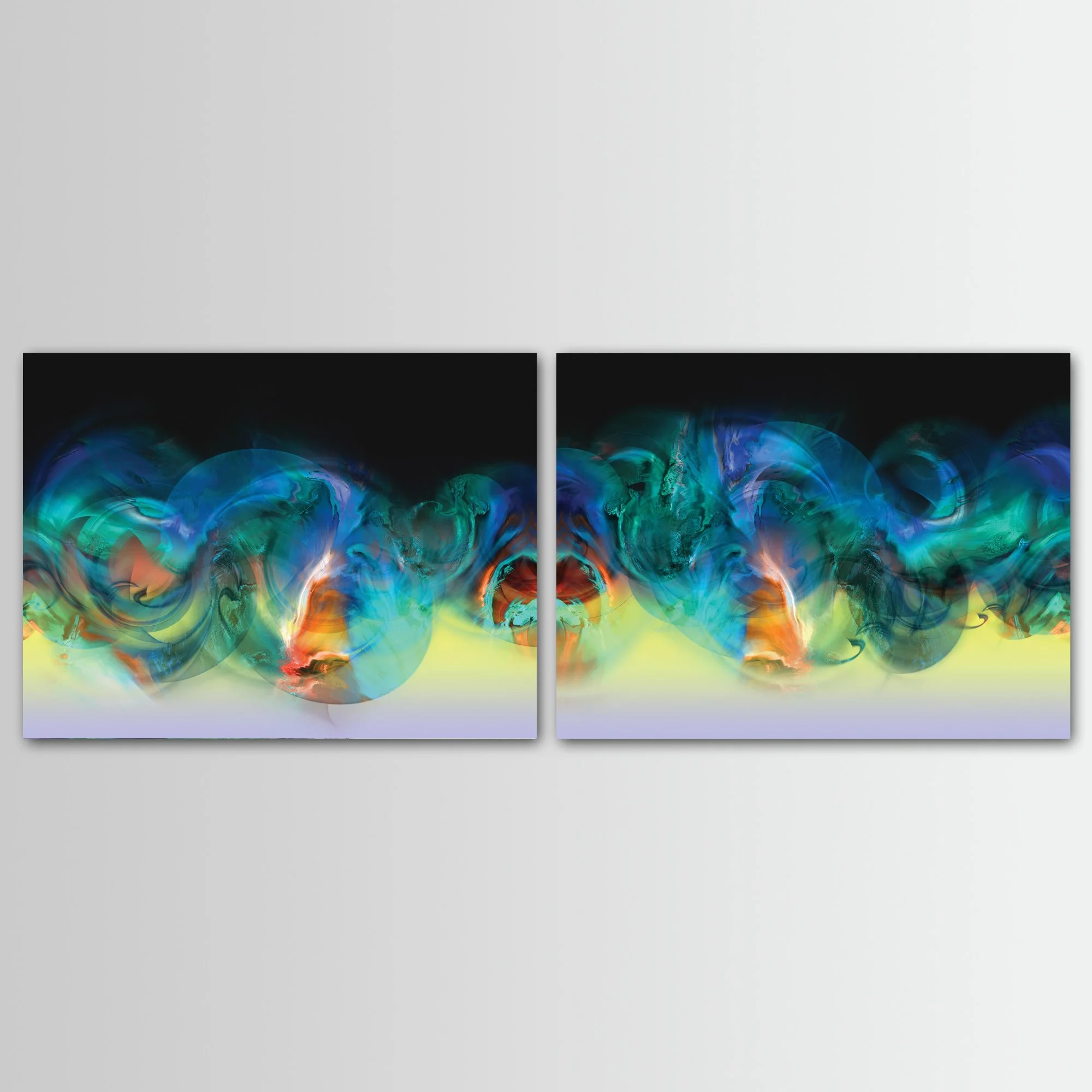 Abstract art diptych with swirling fluid shapes and cosmic orbs in vibrant blue, deep teal, and emerald green, with a glowing orange center with black and yellow background, framed and ready to hang.