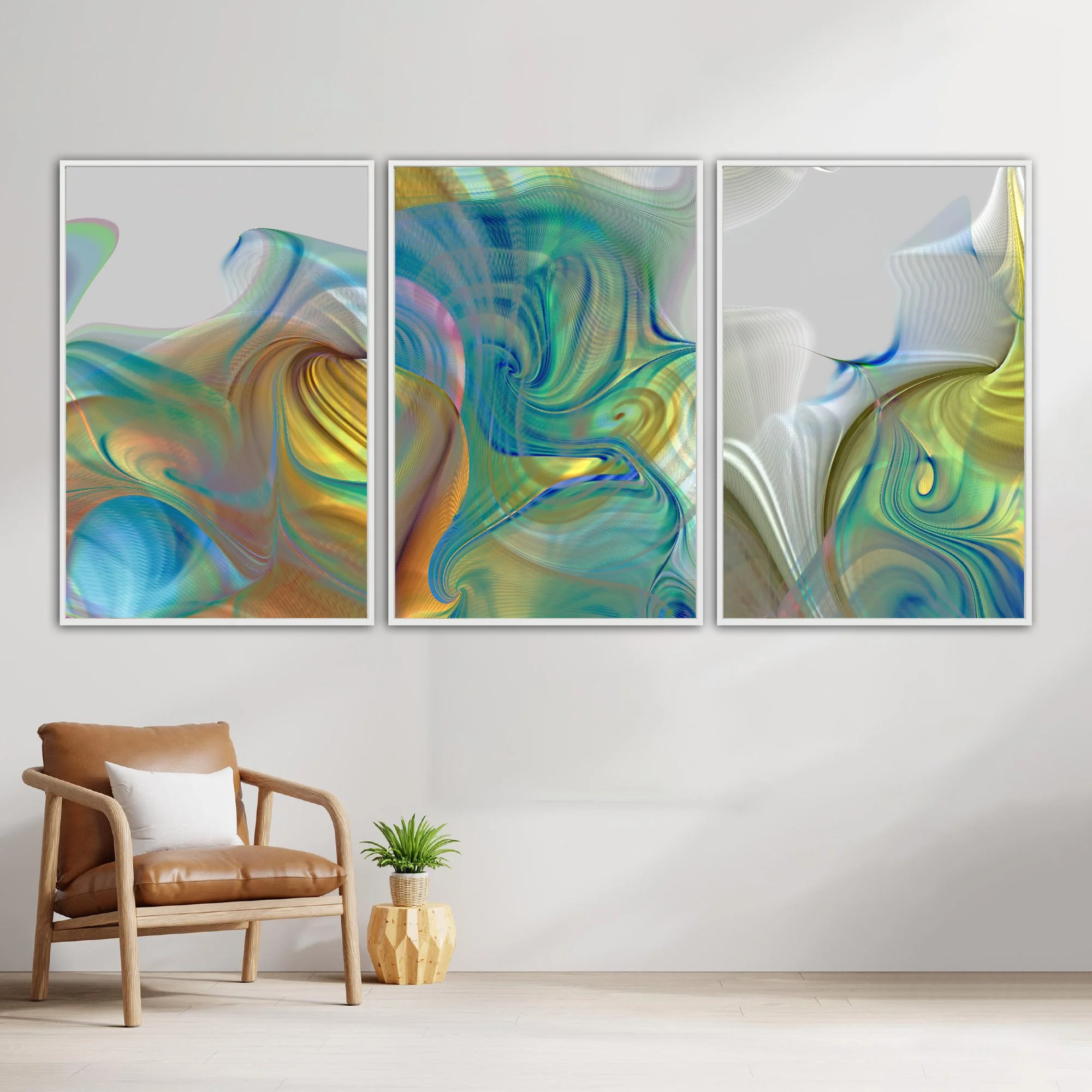 Abstract triptych with swirling fluid shapes and intricate wave line patterns in teal, turquoise, and metallic gold tones over a gray background, framed and ready to hang. With chair
