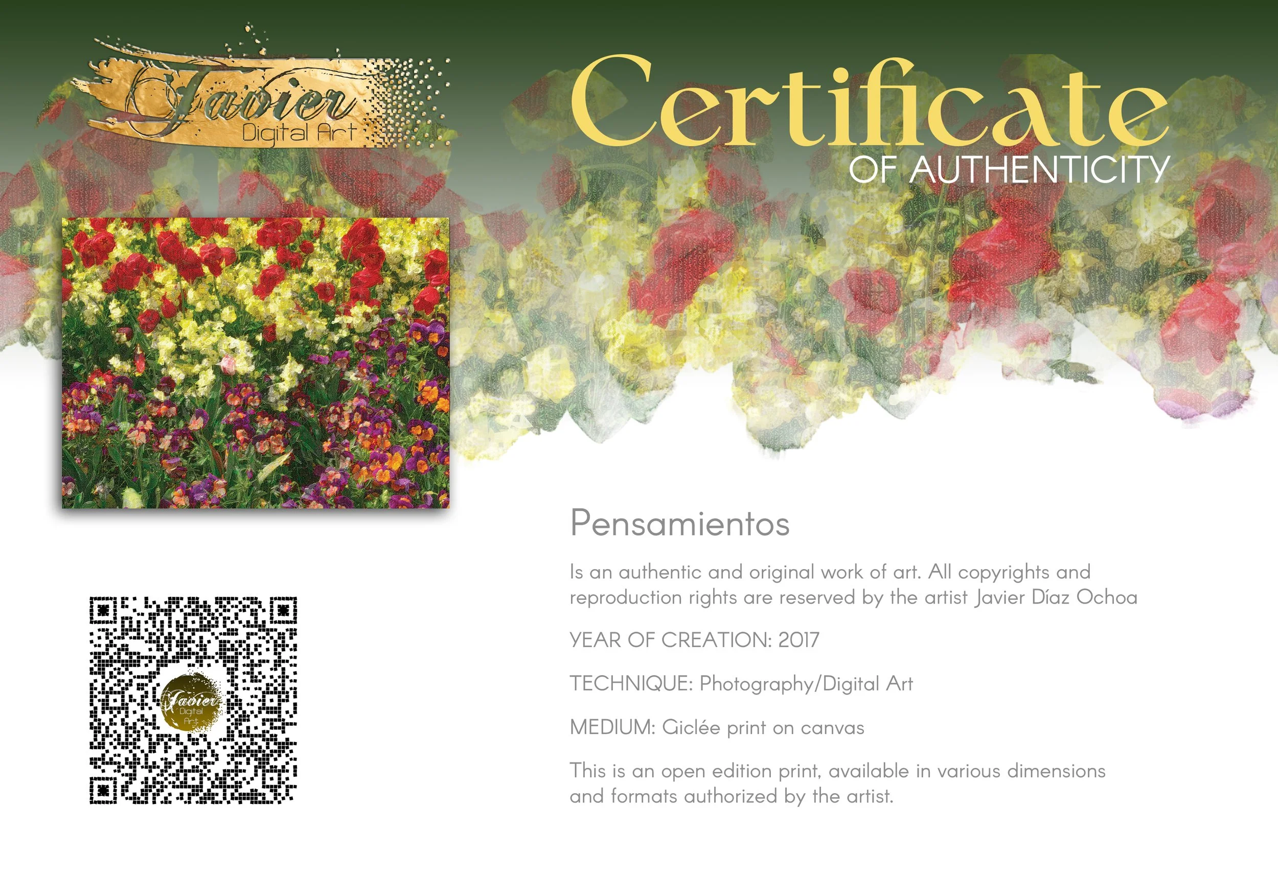 Impressionist art print showcasing a field of spring flowers with oil painting textures, red tulips, yellow blossoms, and purple pansies, framed and ready to hang. Certificate of Authenticity