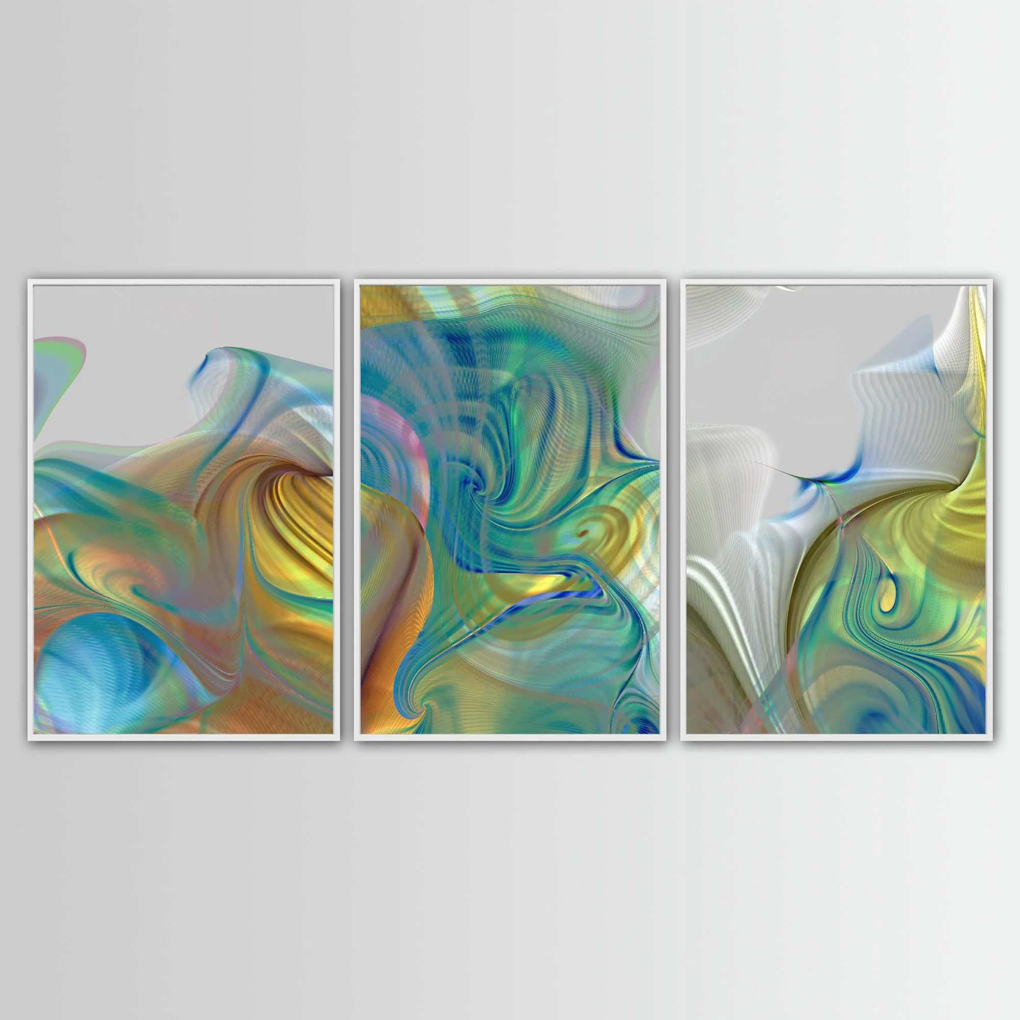 Abstract triptych with swirling fluid shapes and intricate wave line patterns in teal, turquoise, and metallic gold tones over a gray background, framed and ready to hang. With white frame