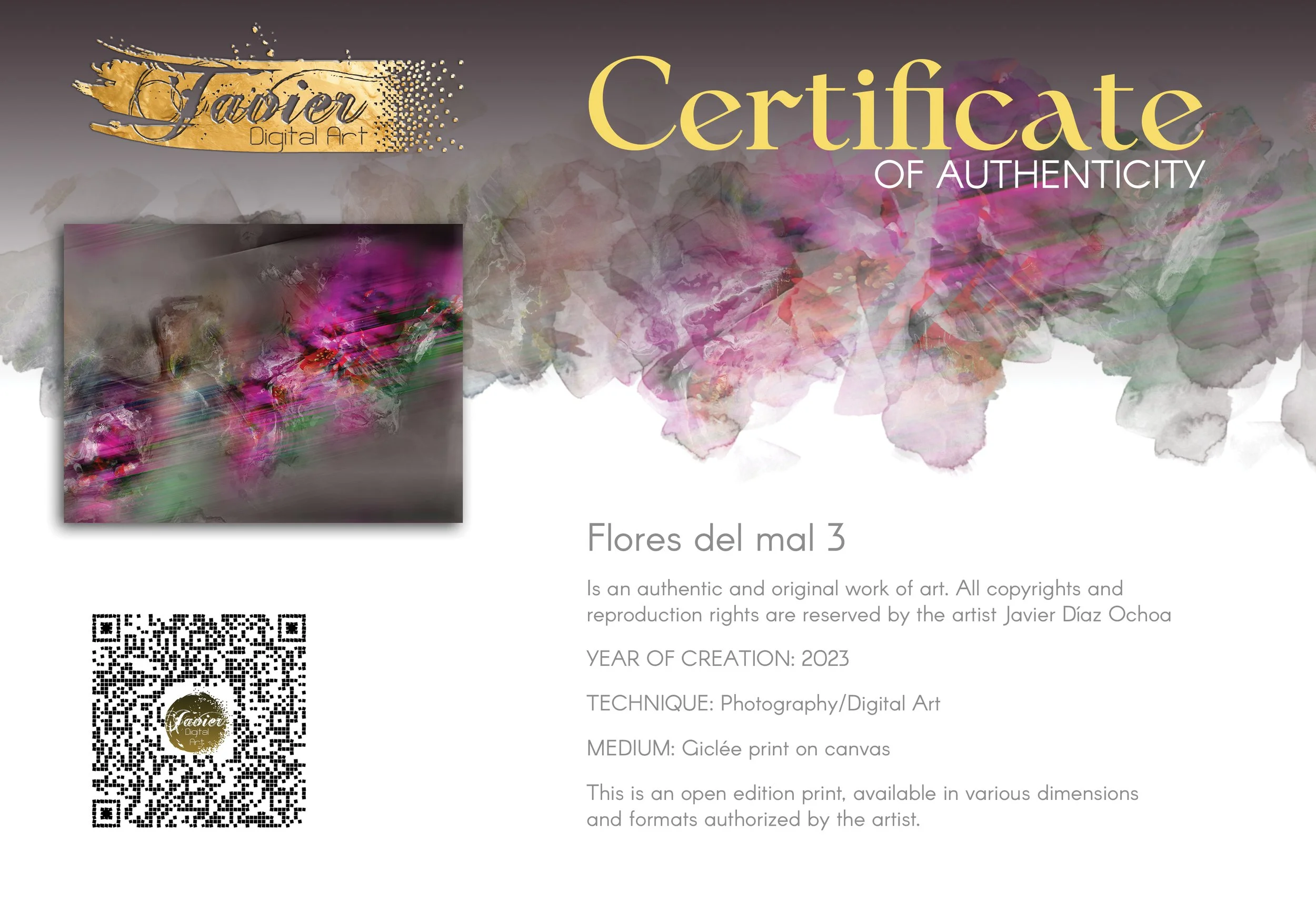 Dynamic digital art print featuring vibrant magenta and green streaks of motion contrasting against a smoky grey background, framed and ready to hang. Certificate of Authenticity