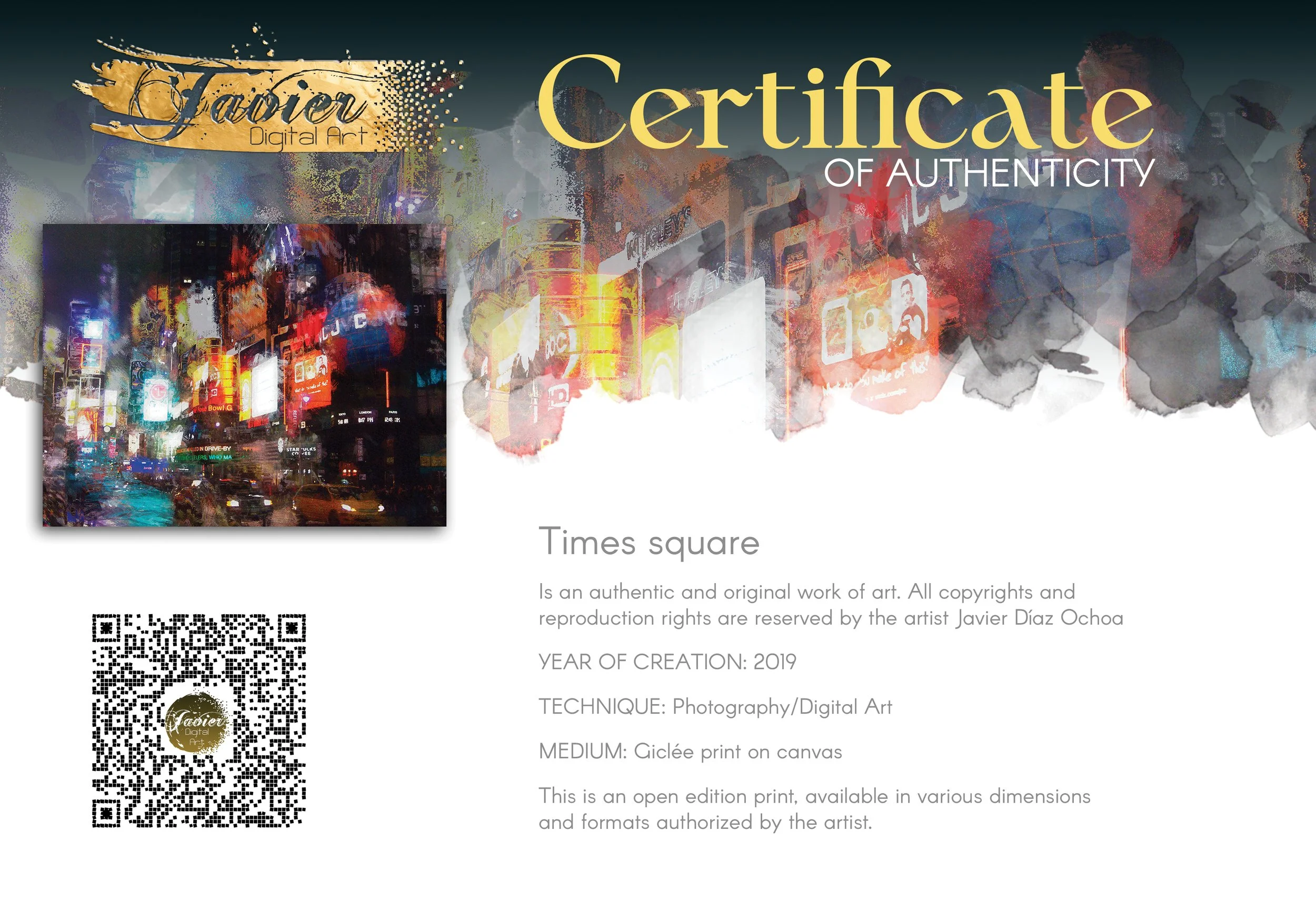 Expressionist art of a vibrant night landscape of Times Square, with textured illuminated billboards, city traffic, and glowing neon reflections, framed and ready to hang. Certificate of Authenticity
