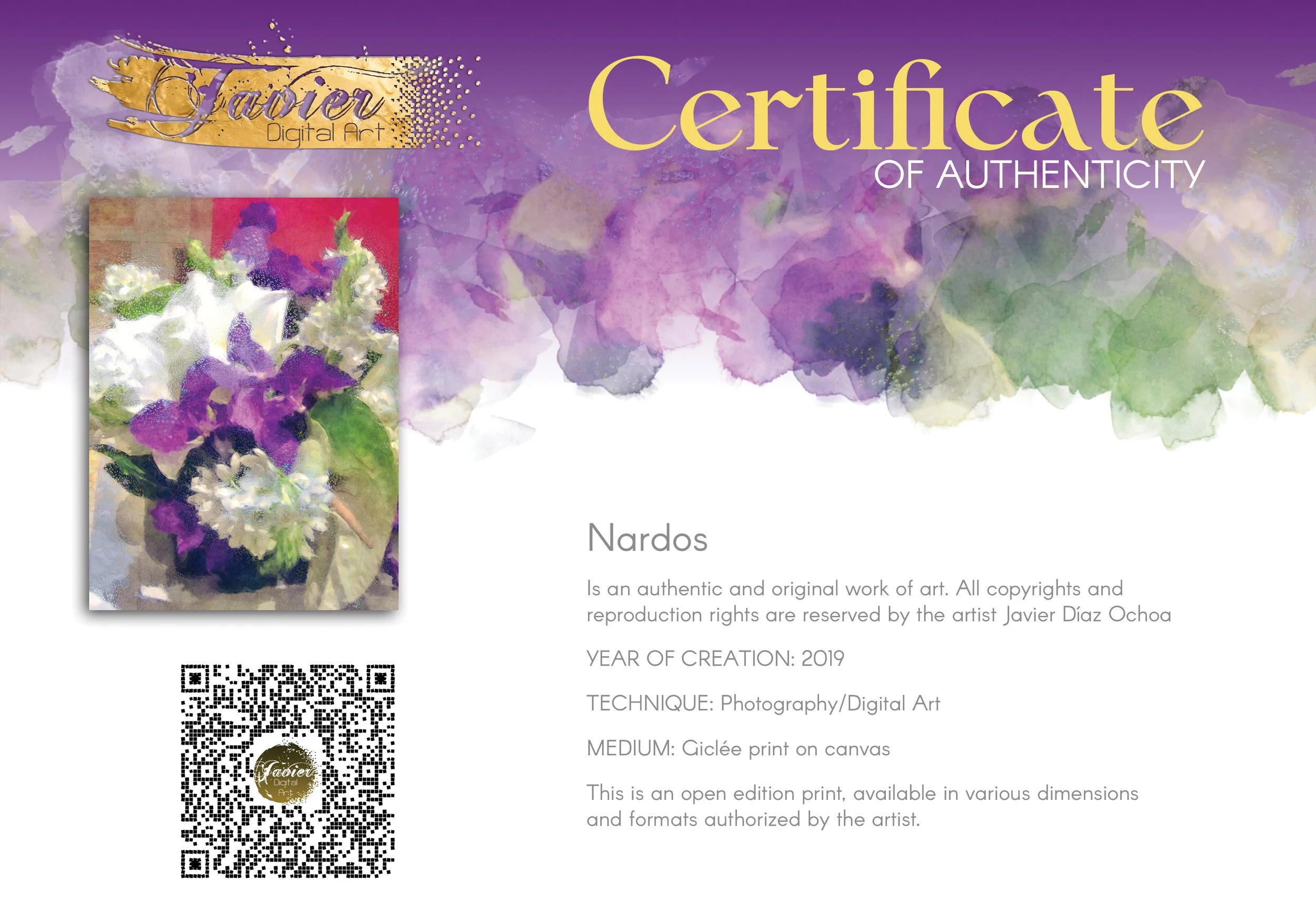 Abstract art of a floral bouquet featuring white lilies and purple irises with a textured glass finish, framed and ready to hang. Certificate of Authenticity