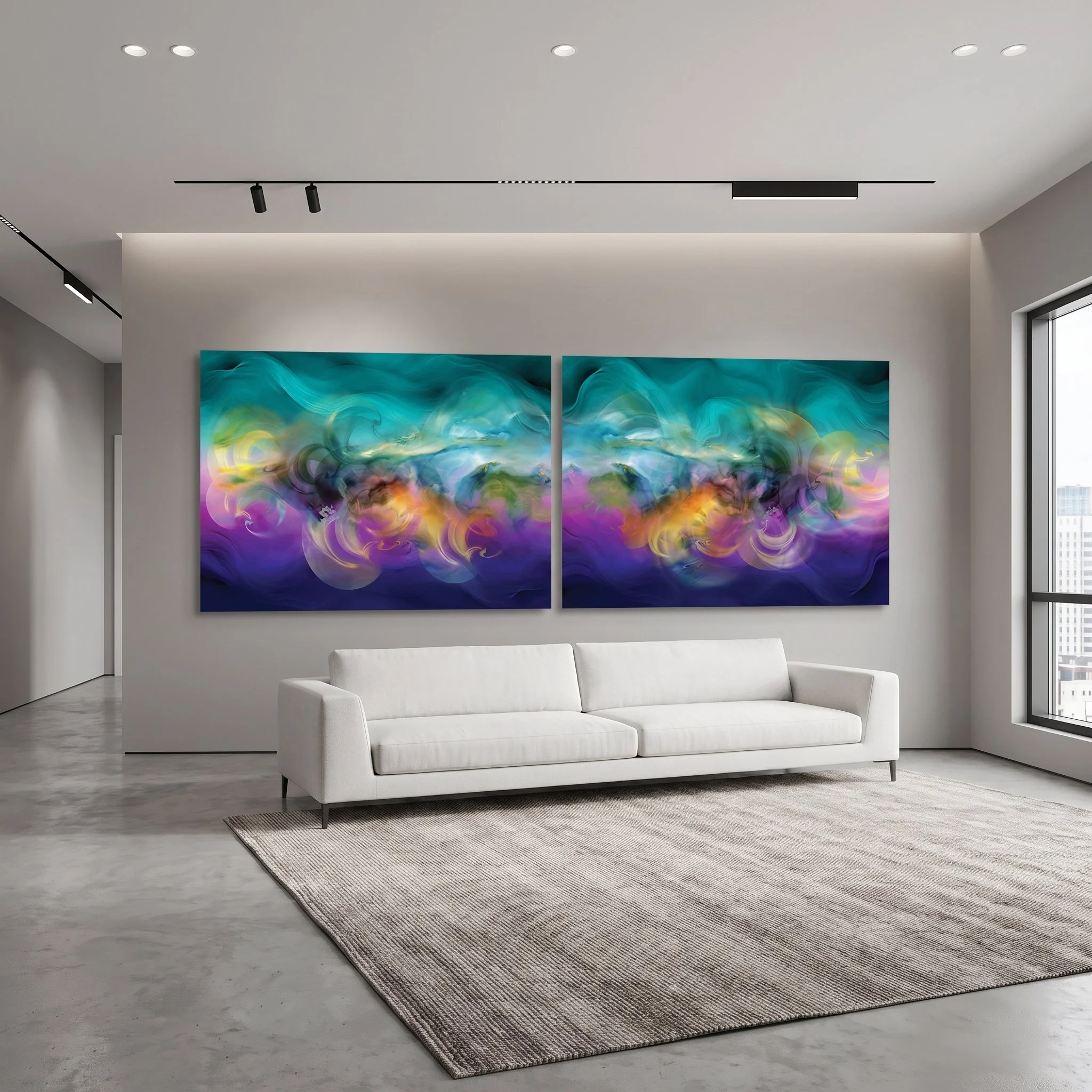 Turquoise and purple abstract art diptych above a white sofa in a modern living room with polished concrete flooring, a gray rug, and track lighting.