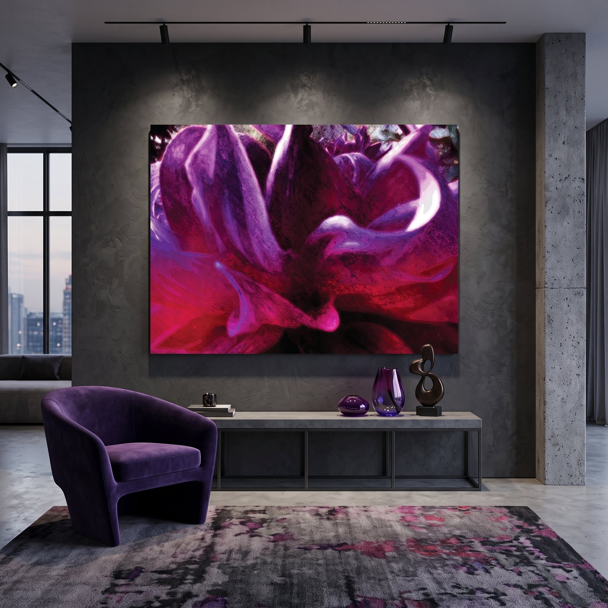 Large canvas art with a textured purple floral abstract design hanging on a dark wall above a concrete credenza, featuring a purple velvet armchair and a matching area rug.