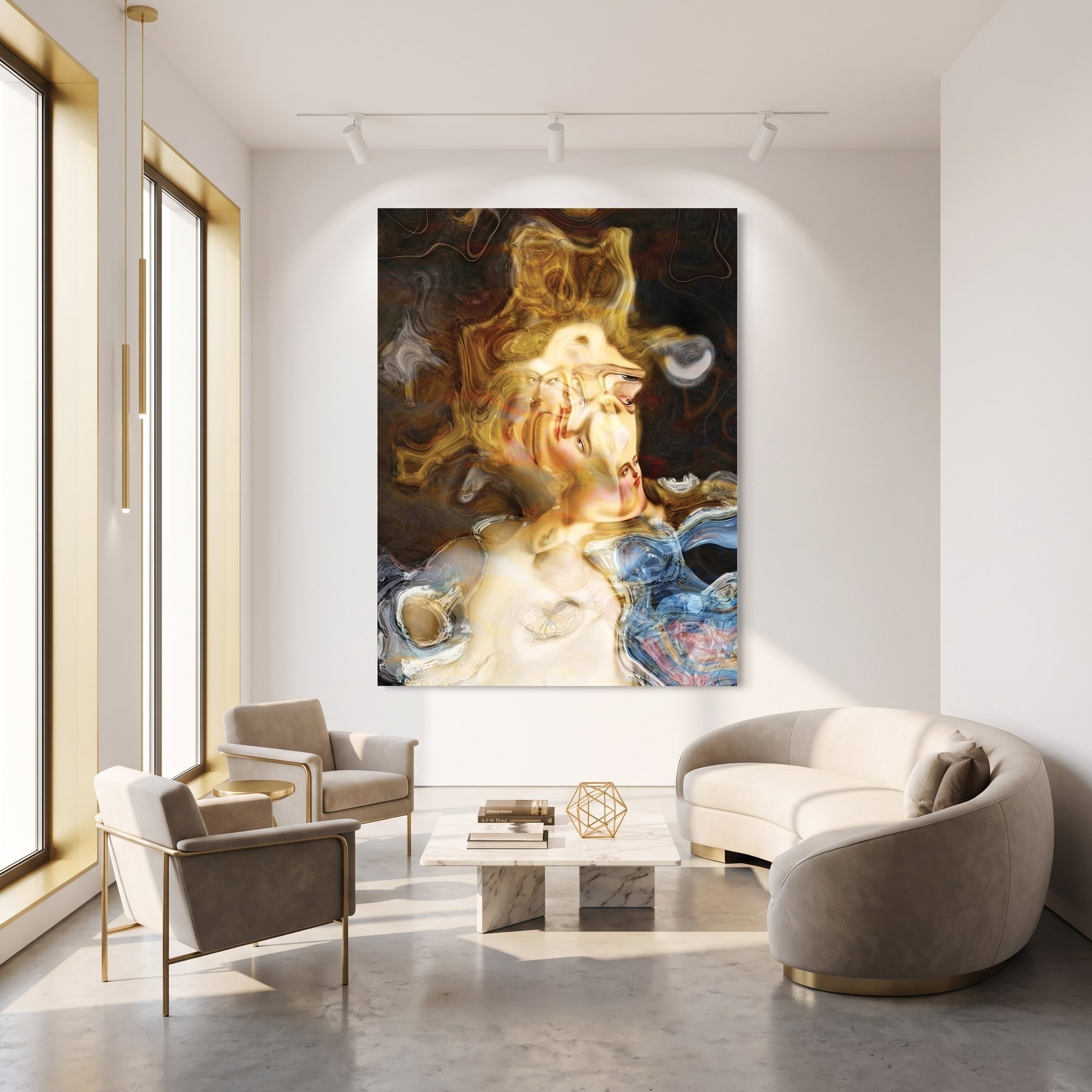 Large canvas art featuring a distorted, fluid classic portrait hanging in a bright, modern penthouse living room with a curved sofa, armchairs, and a marble coffee table.