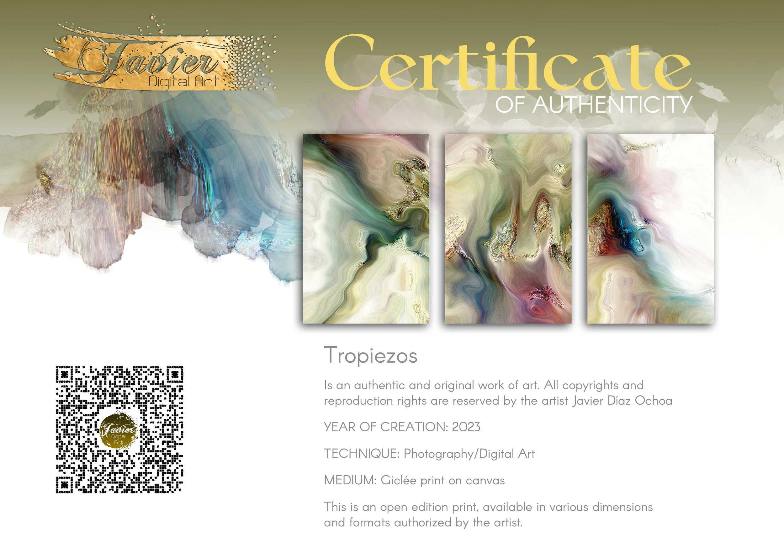 Abstract fine art triptych with marble textures and swirls in sage green, cream, and ocher tones with turquoise and violet highlights, framed and ready to hang. Certificate of Authenticity