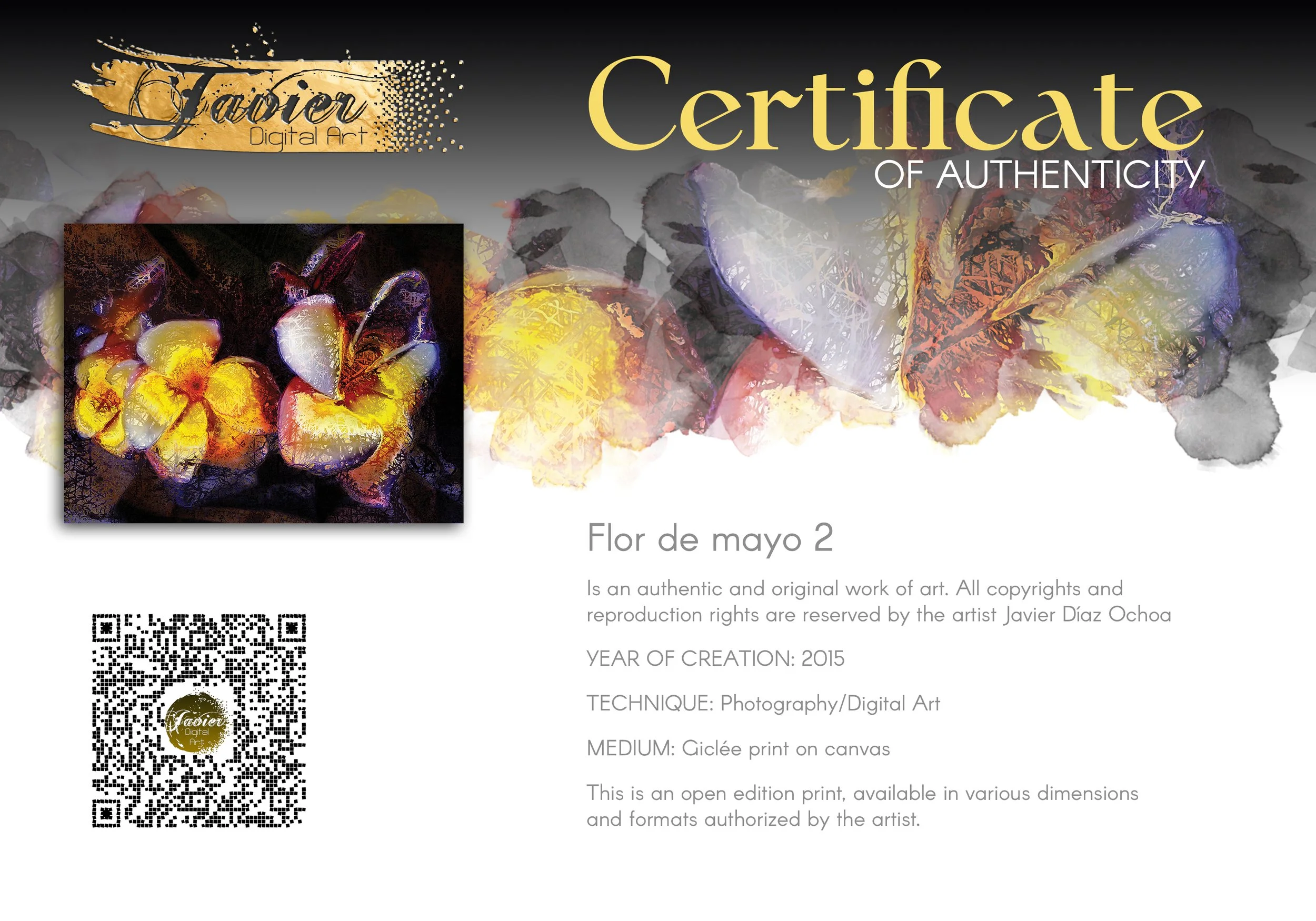 Abstract fine art print featuring textured glowing frangipani plumeria flowers in yellow and orange tones against a dark, moody background, framed and ready to hang. Certificate of Authenticity