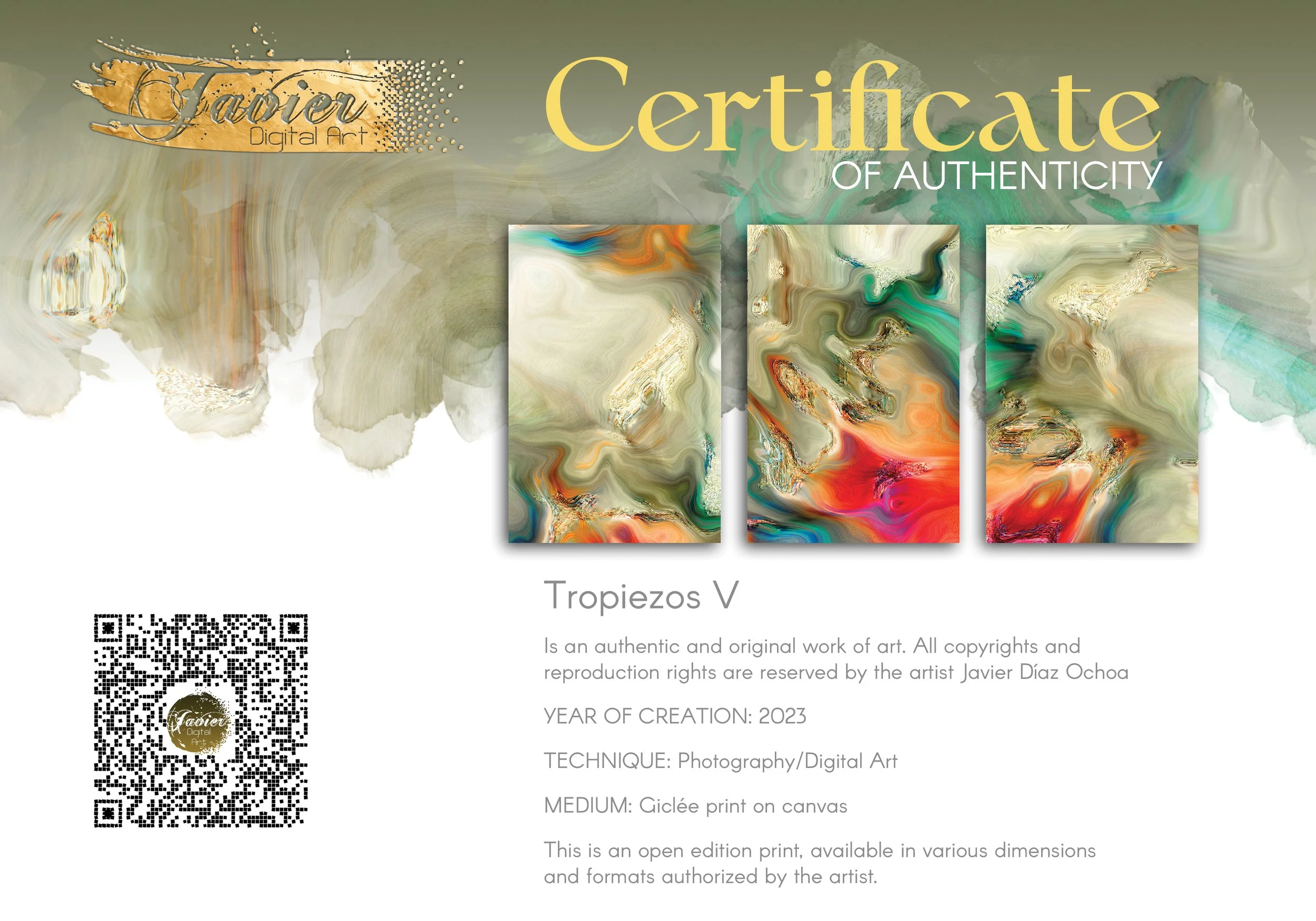 Abstract fine art triptych with liquid textures in earth tones, cream, and sage green, red and orange with metallic accents, framed and ready to hang. Certificate of Authenticity