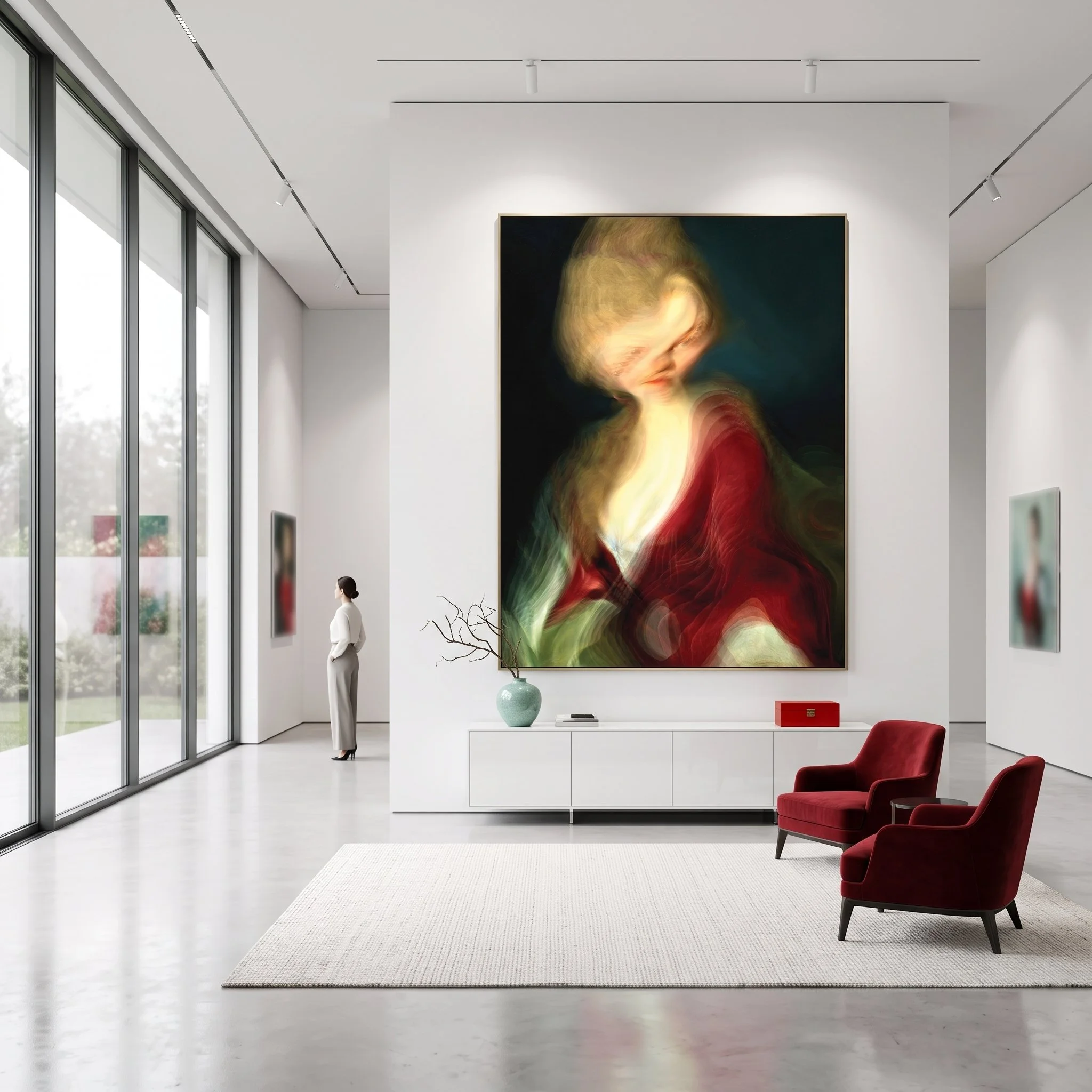 Large canvas art with a blurred, stylized classic portrait hanging in a bright modern gallery, featuring two red velvet armchairs, a white credenza, and floor-to-ceiling glass windows..jpeg