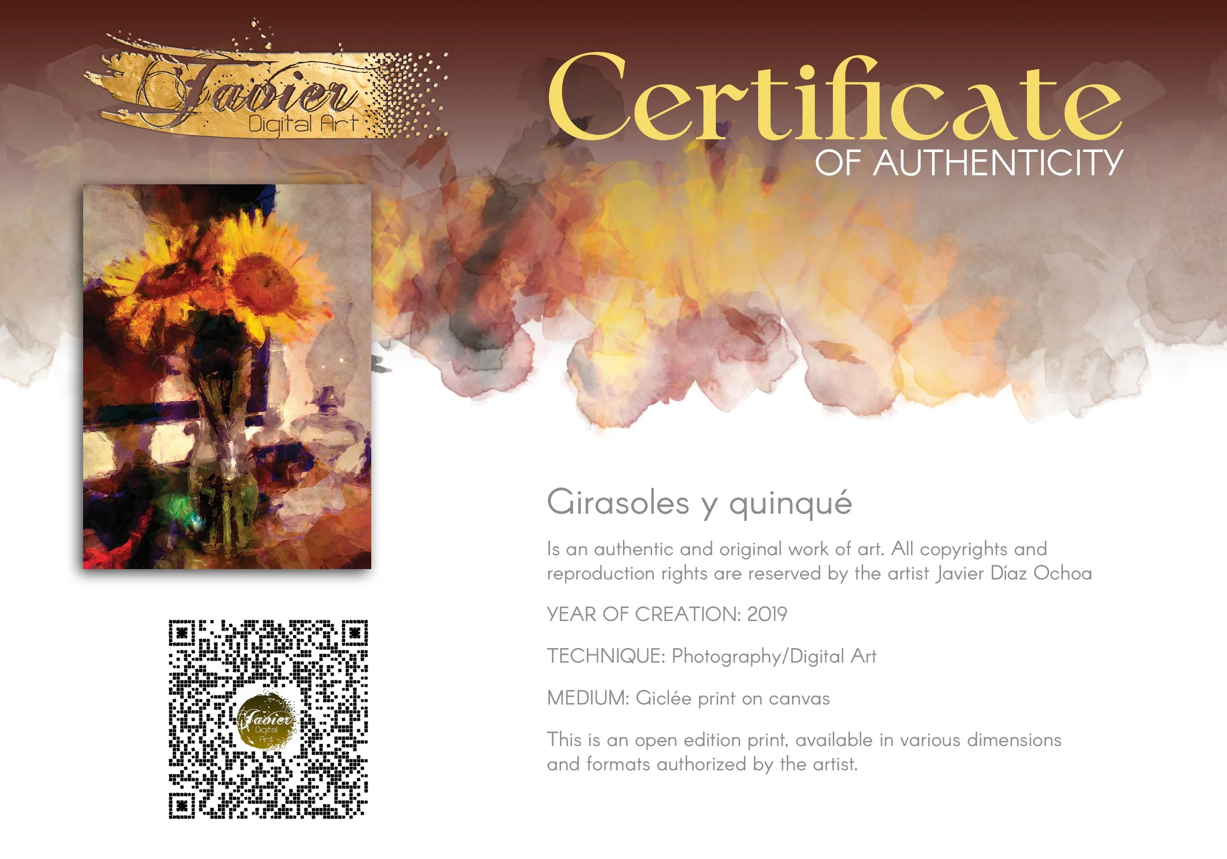 Fine art print with rustic still life and yellow sunflowers in a vase next to a vintage glass kerosene lamp, featuring rich textures and warm orange and brown tones. Certificate of Authenticity