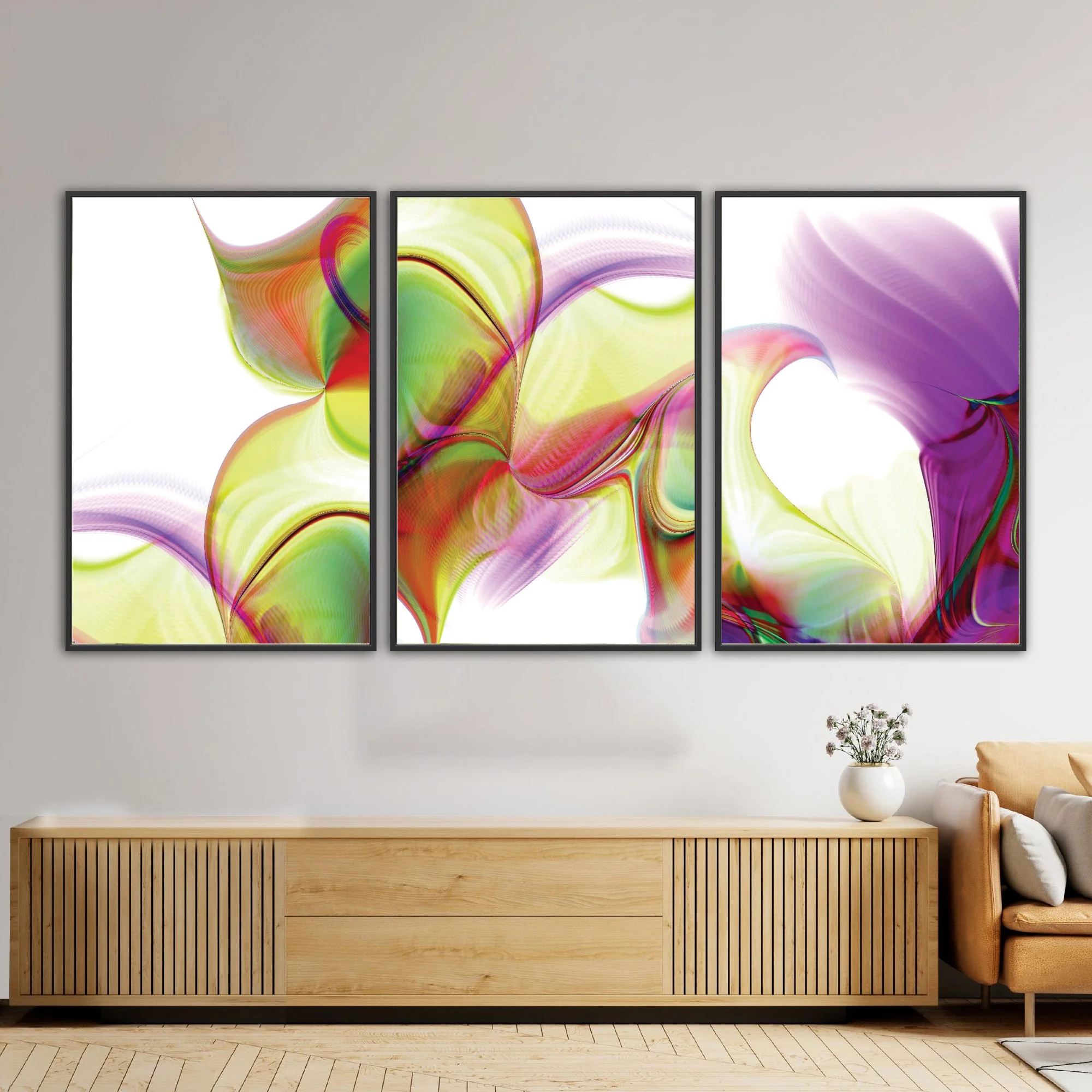 Abstract fine art triptych with, wave patterns and fine line structures in violet, lavender, and lime green over a white background, framed and ready to hang. Over wooden console