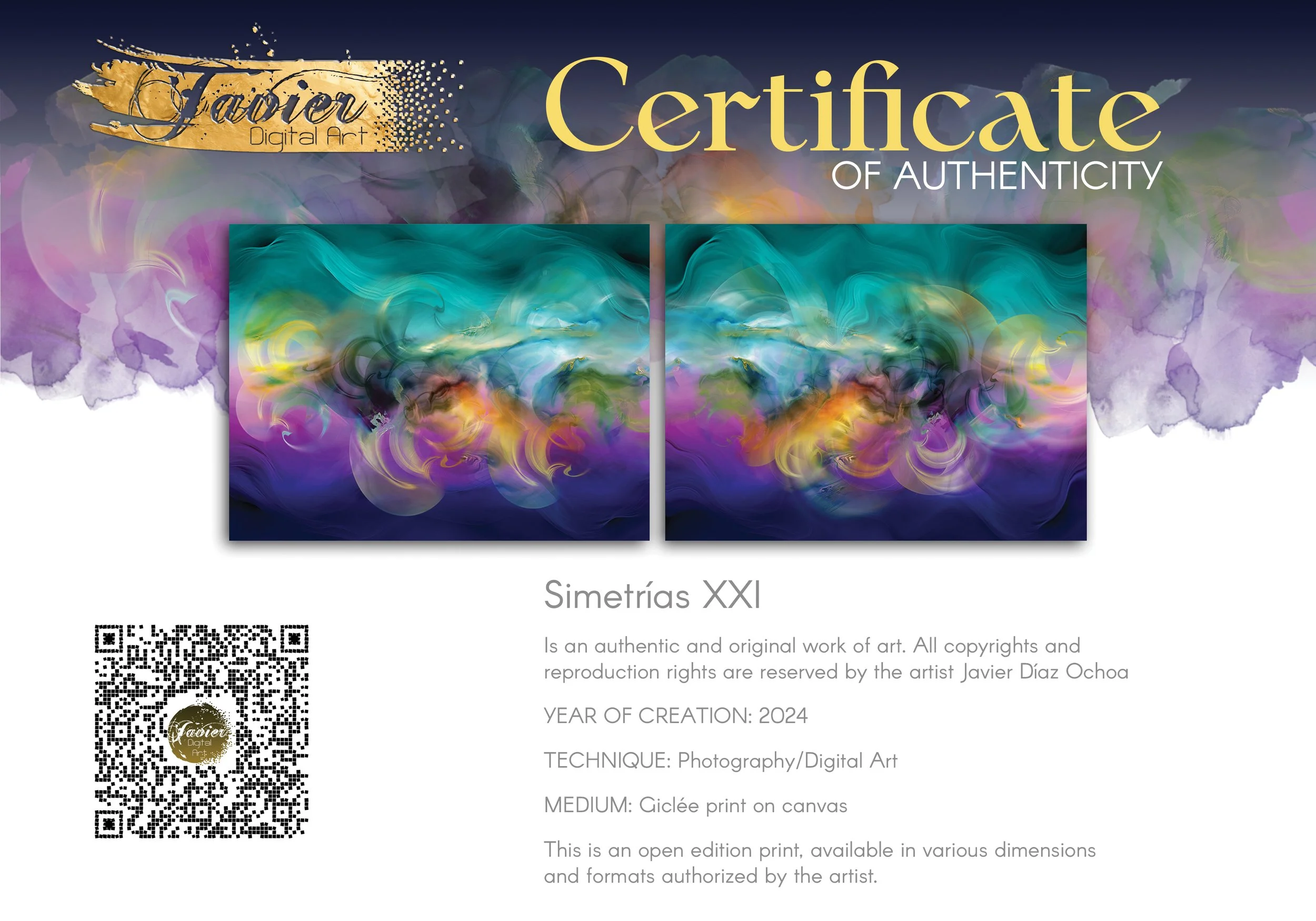 Abstract diptych with swirling fluid shapes and wave textures in teal, violet, and indigo blue, with glowing yellow and ocher center, framed and ready to hang. Certificate of Authenticity