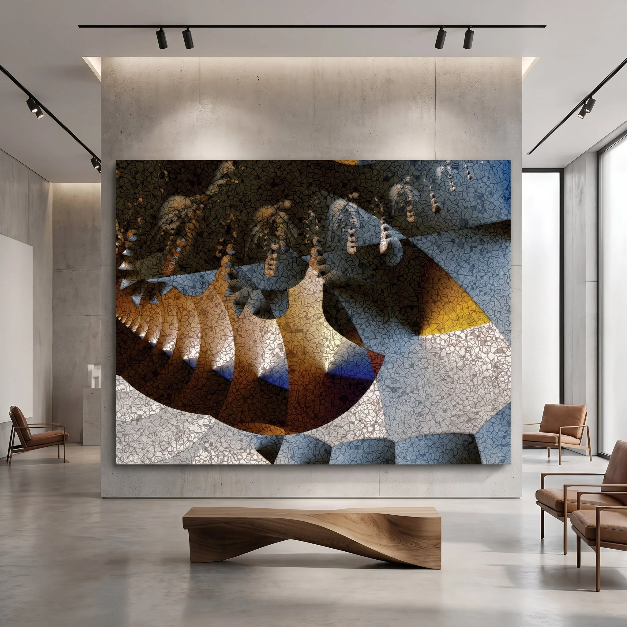 Large abstract painting in blue and bronze tones on a concrete wall in a commercial lobby, featuring a sculptural wooden bench and leather armchairs.