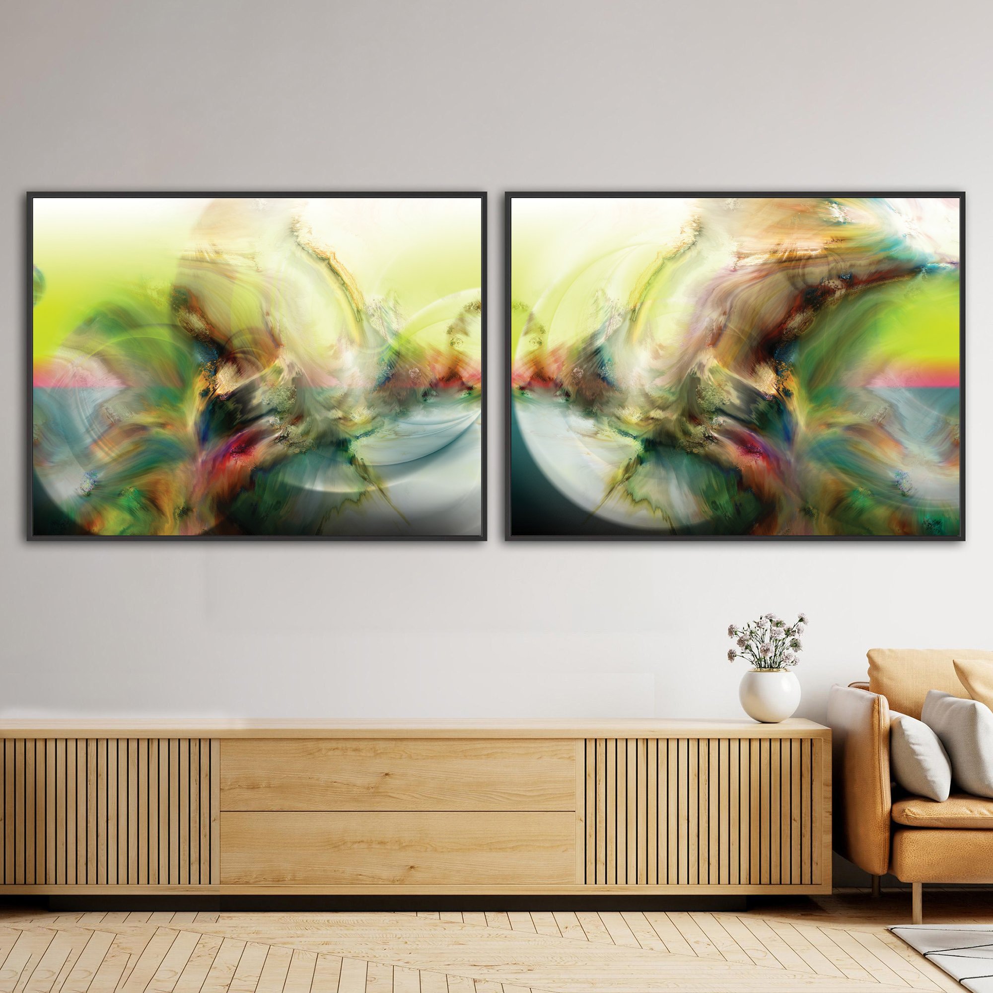 Abstract art diptych with luminous spherical shapes, organic textures, and background in yellow, cream, and sky blue tones, framed and ready to hang. Over wooden console