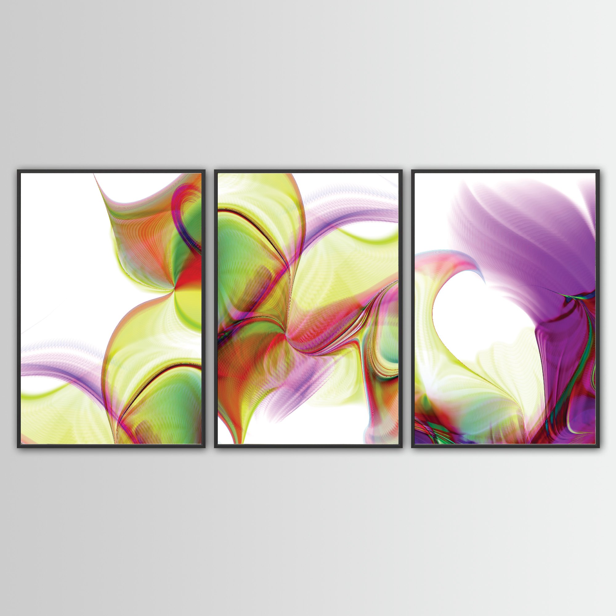 Abstract fine art triptych with, wave patterns and fine line structures in violet, lavender, and lime green over a white background, framed and ready to hang. With black frame